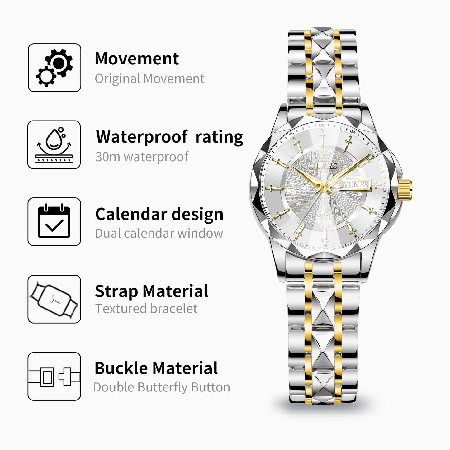 OLEVS Women's Luxury Elegant Watch, Fashion Waterproof Ladies Dress Watch, Stainless Steel Gold Silver Watches for Women, Small Wrist with Day Date, Ideal for Gift Daily Wear