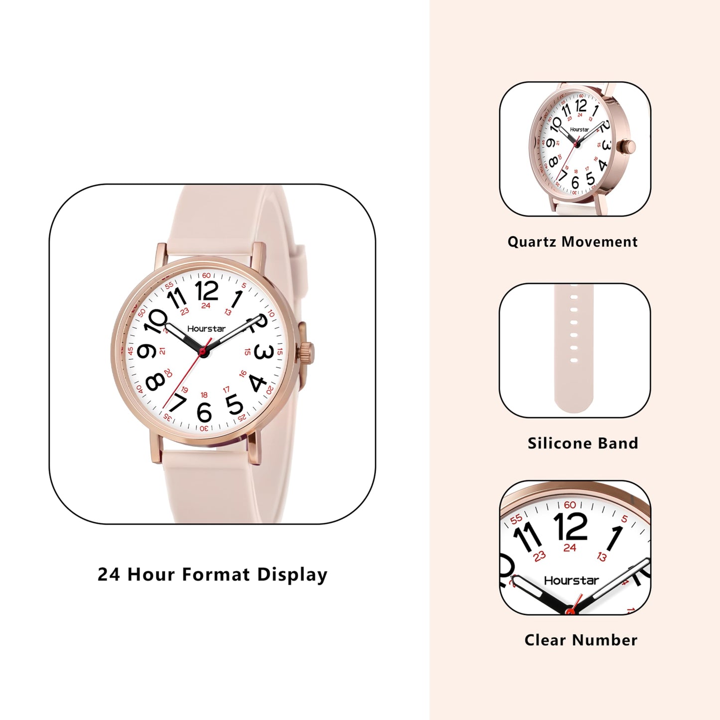 Women's Analog Nurse Watch with Second Hand for Nursing, 12/24 Time, Silicone Band, Easy Read