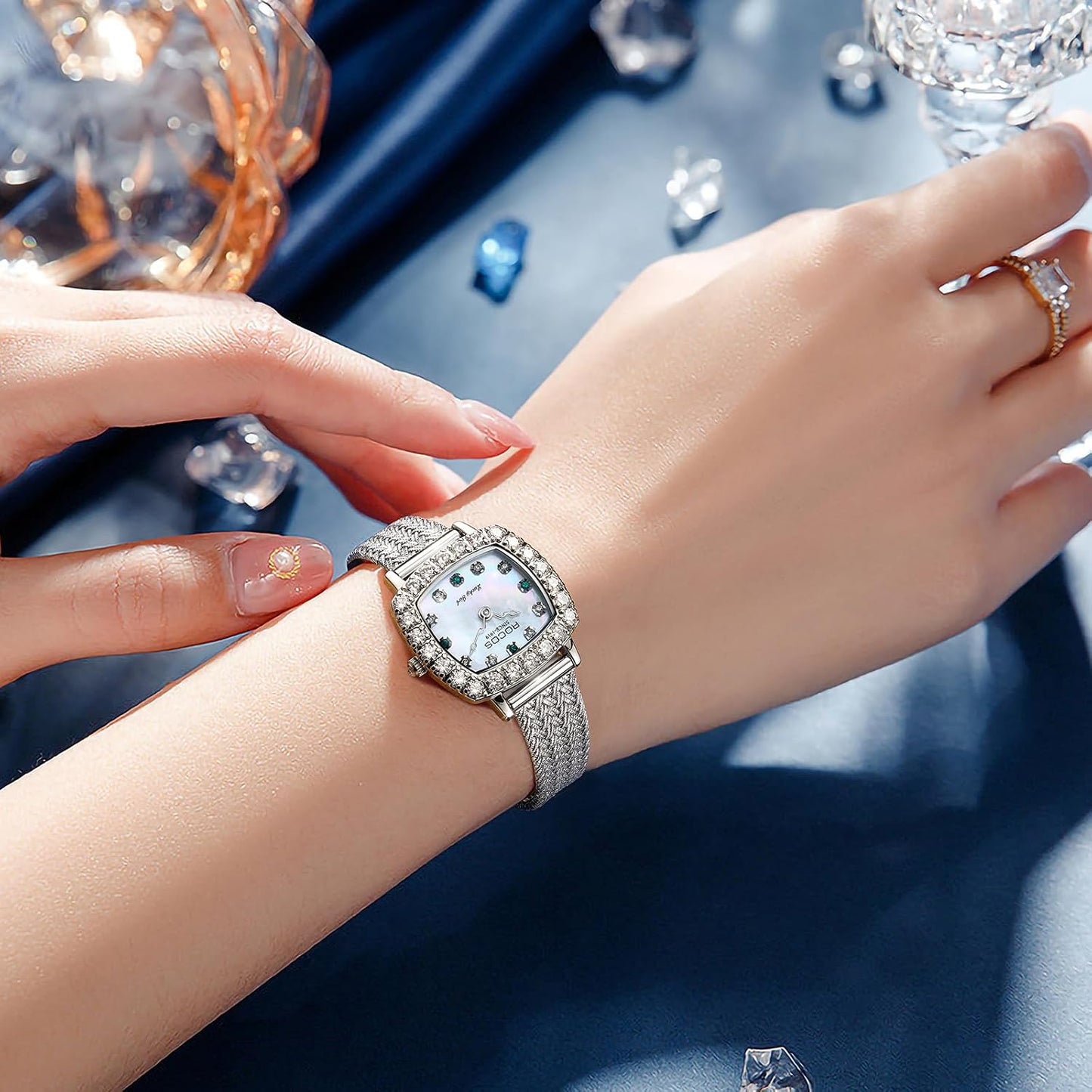 ROCOSJEWE Luxury Silver Diamond Ladies Watch for Women, Square Quartz Wrist Watch with Natural Mother-of-Pearl Dial, Elegant Small Dial, Premium Branded Women’s Watch, Gift for Women R0264