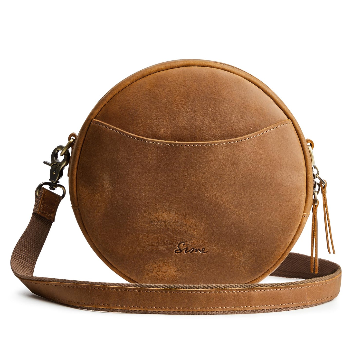 S-ZONE Leather Crossbody Bags for Women Circle Shoulder Round Purse Travel | Top Grain Leather, Keychain, Designer Handbag, Vintage, Multi Pockets, Detachable Strap, Eveyday Outing