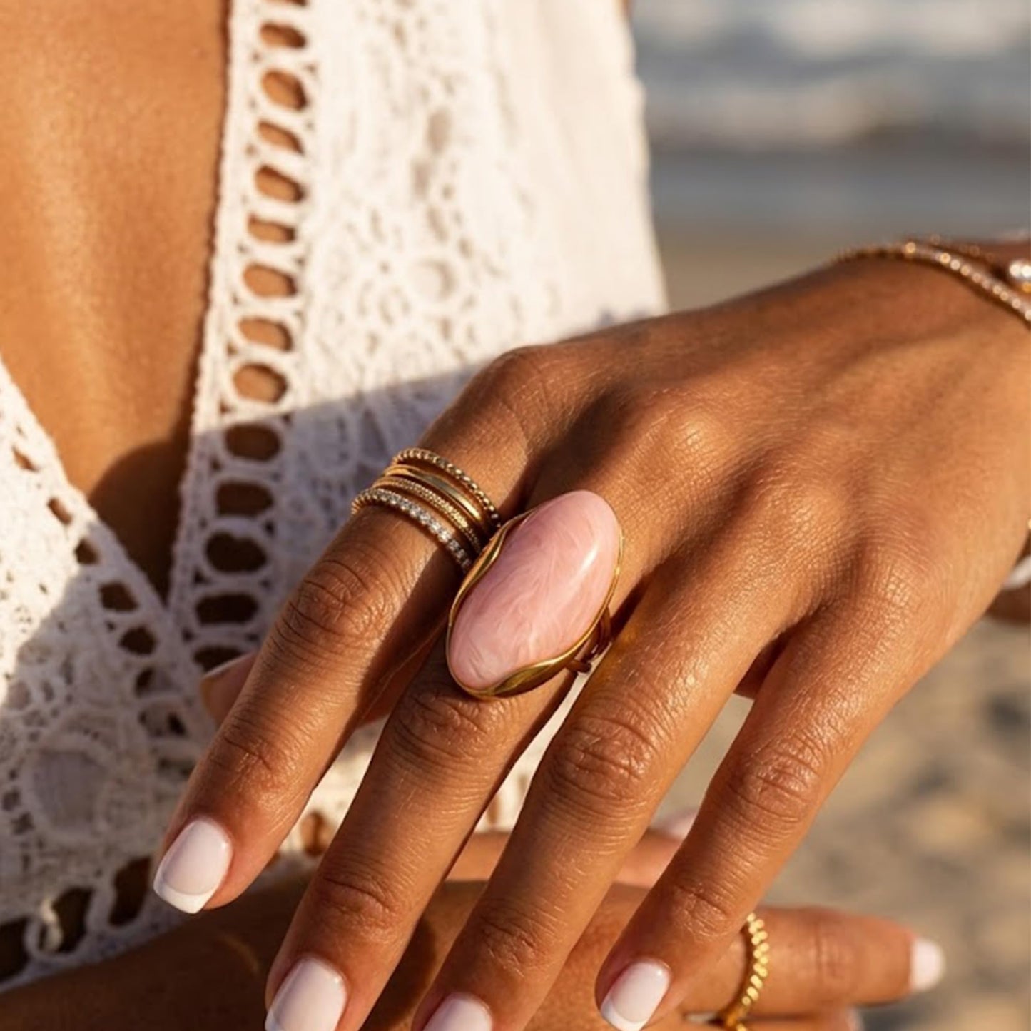 Mchic Colorful Chunky Statement Ring for Women: Boho Large Oval Acrylic Finger Ring Stainless Steel Adjustable Beach Summer Y2K Handmade Jewelry Gift for Women