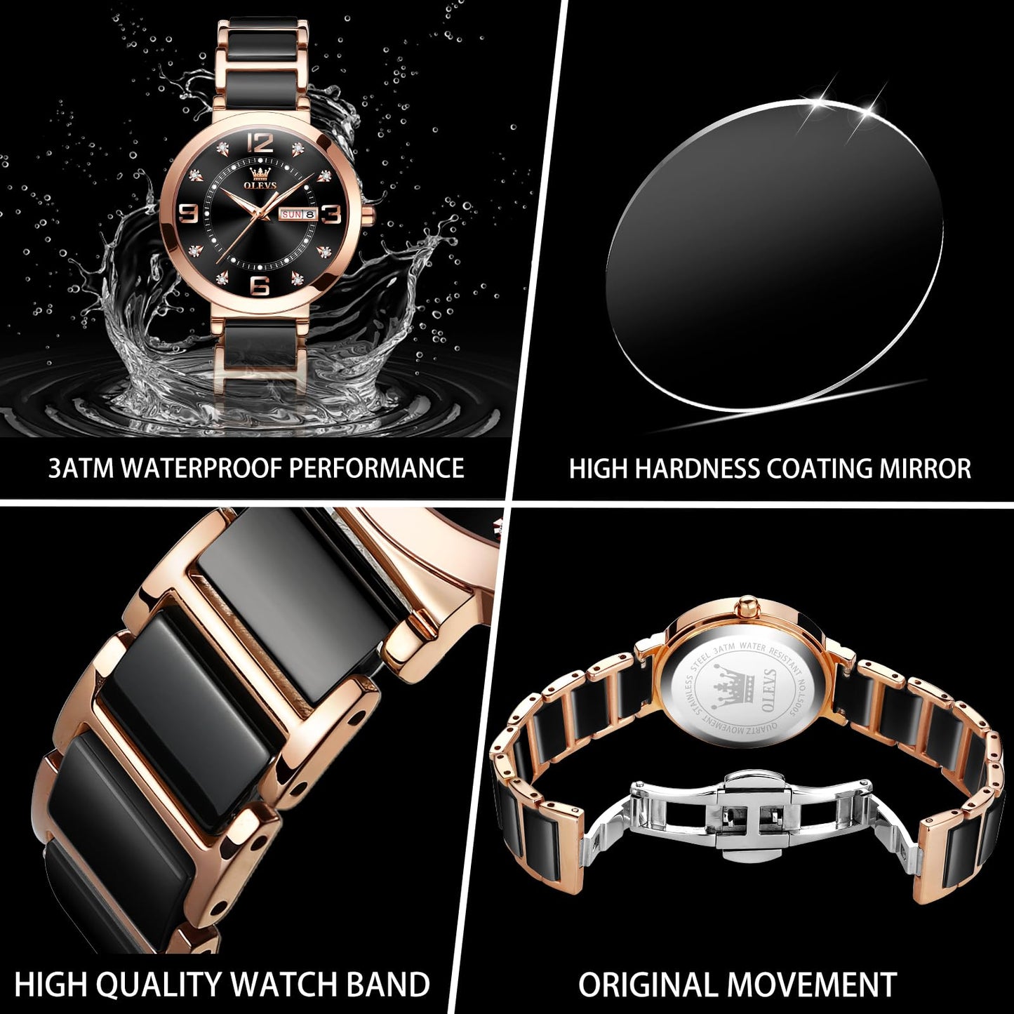 OLEVS Women's Watch Ceramic Band Waterproof Dress Watch Analog Quartz Watches Elegant Luxury Comfortable Wrist Watches with Date Day & Diamond White/Pink/Black Dial Gift for Her Reloj para Mujer