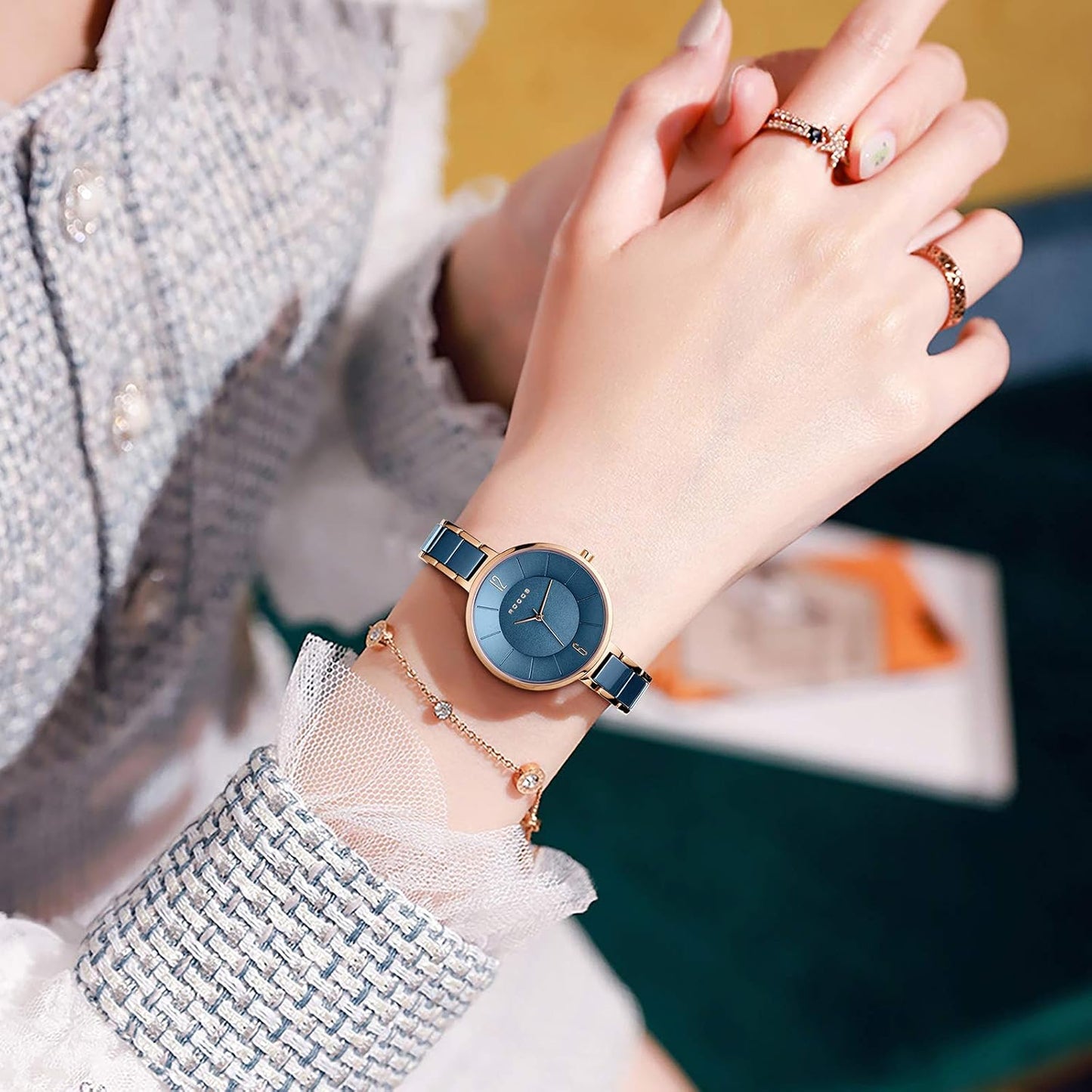 ROCOSJEWE Women’s Ceramic Quartz Analog Watch, Blue Dial with Rose Gold Accent, Ultra-Thin Design, Butterfly Clasp, 30M Waterproof Watches for Women