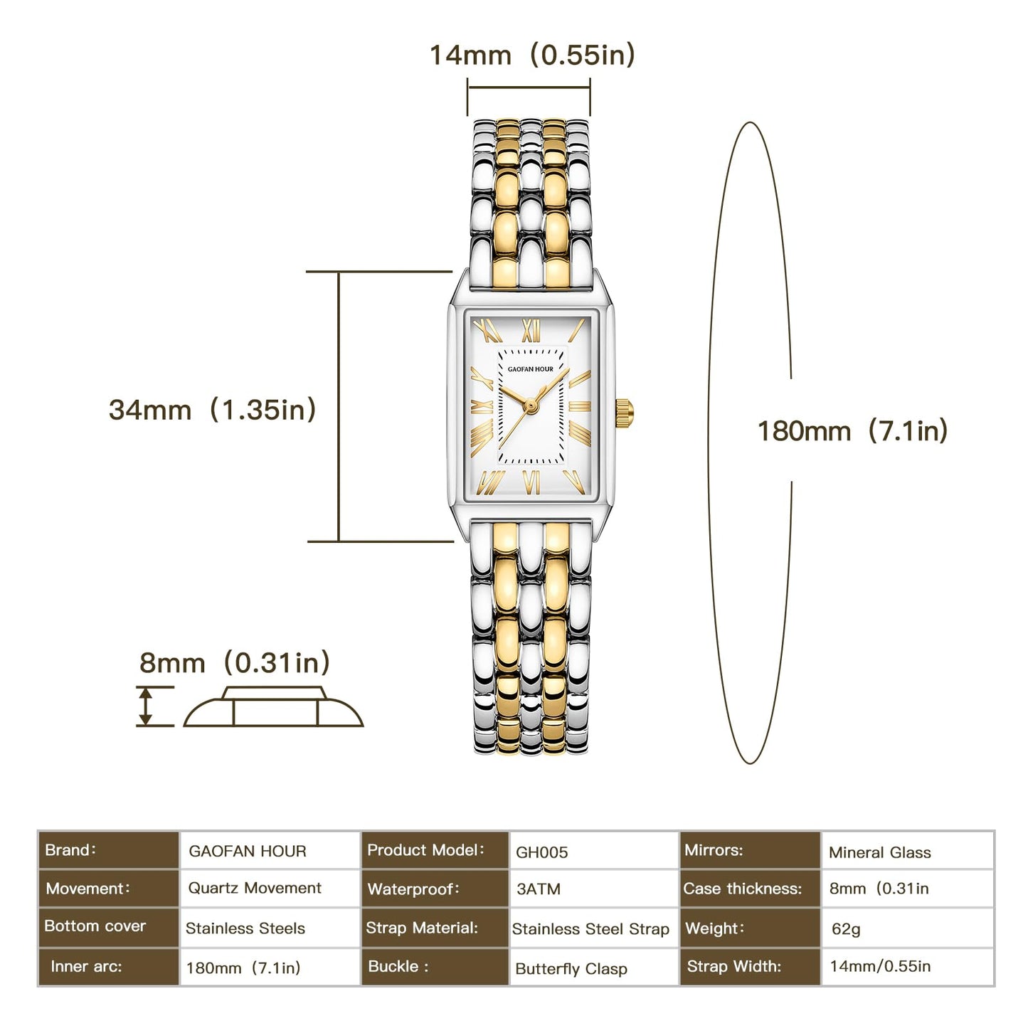 Gold Watches for Women with Vintage Rectangular Case,White Roman Dial,Stainless Steel Band,Adjustment Tool Included,Water Resistant