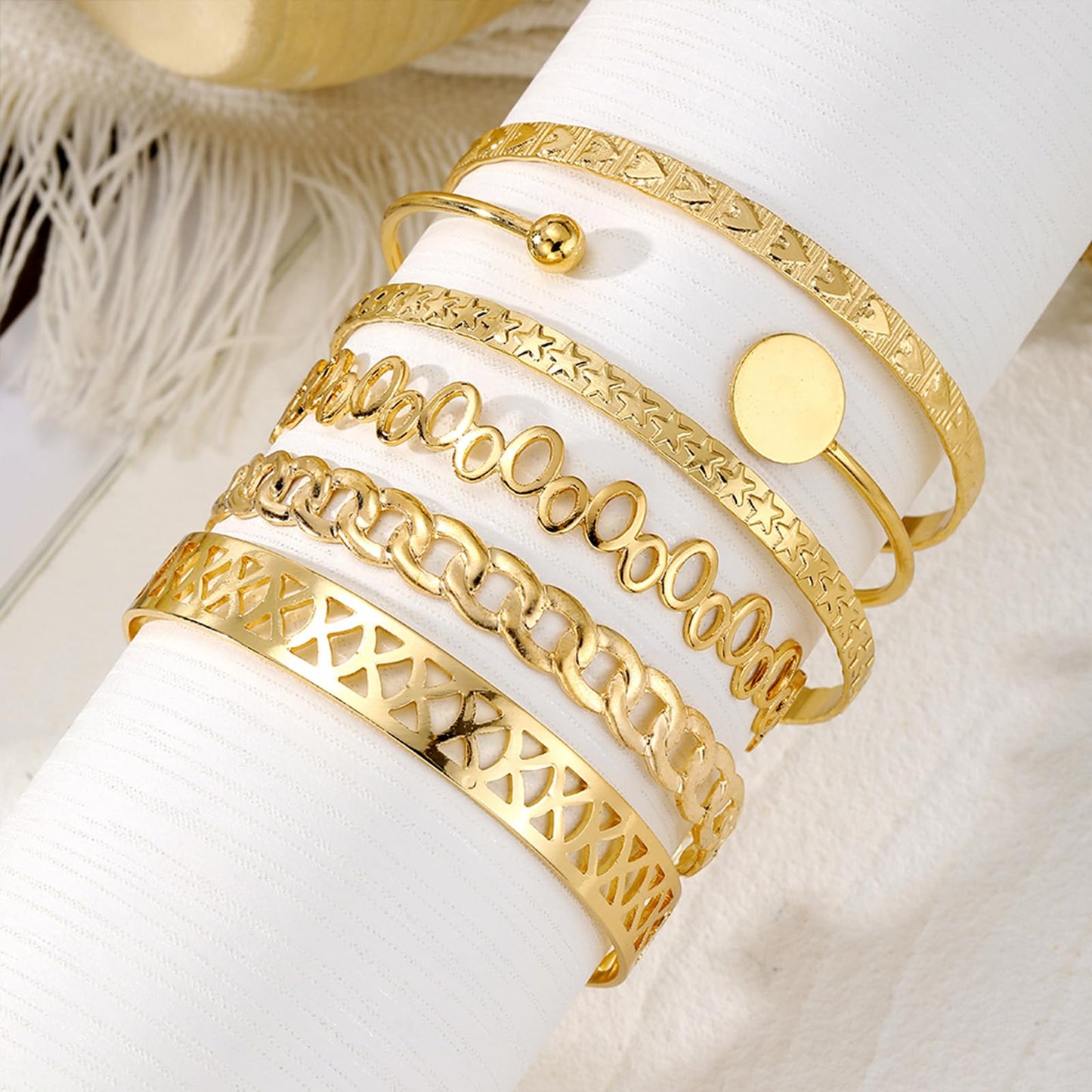 IFKM Gold Bangle Bracelets For Women, 14k Gold Plated Multi Layer Stackable Cuff Bracelet Set, Trendy Elegance Charms Non Tarnish Minimalist Textured Boho Jewelry Gift for Women