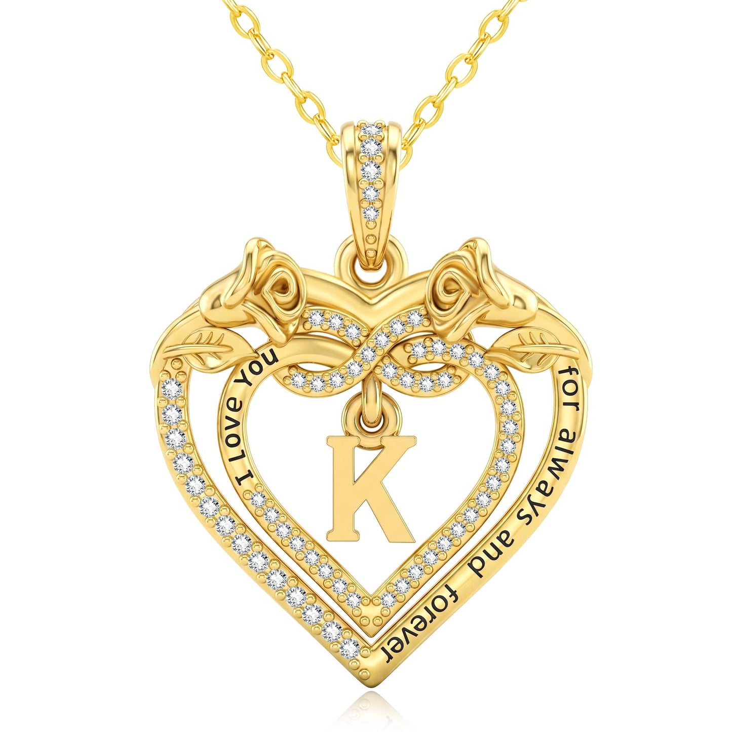Uncle LOL Jewelry — 14K Gold Initial Letter Rose Heart Pendant Necklace for Women, Anniversary Birthday Jewelry Gifts for Wife Mom Grandma Sister Daughter, I Love You for Always And Forever