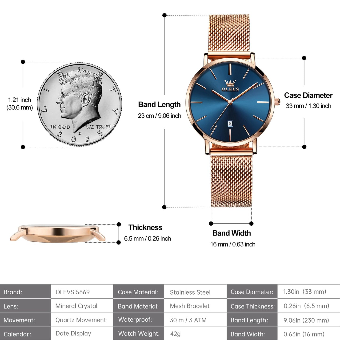 OLEVS Women's Mesh Bracelet Watch, Elegant Large Face Three Hand Analog Quartz Womens Wristwatch, Pretty Slim Date Display Waterproof Ladies Watches for Small Wrists