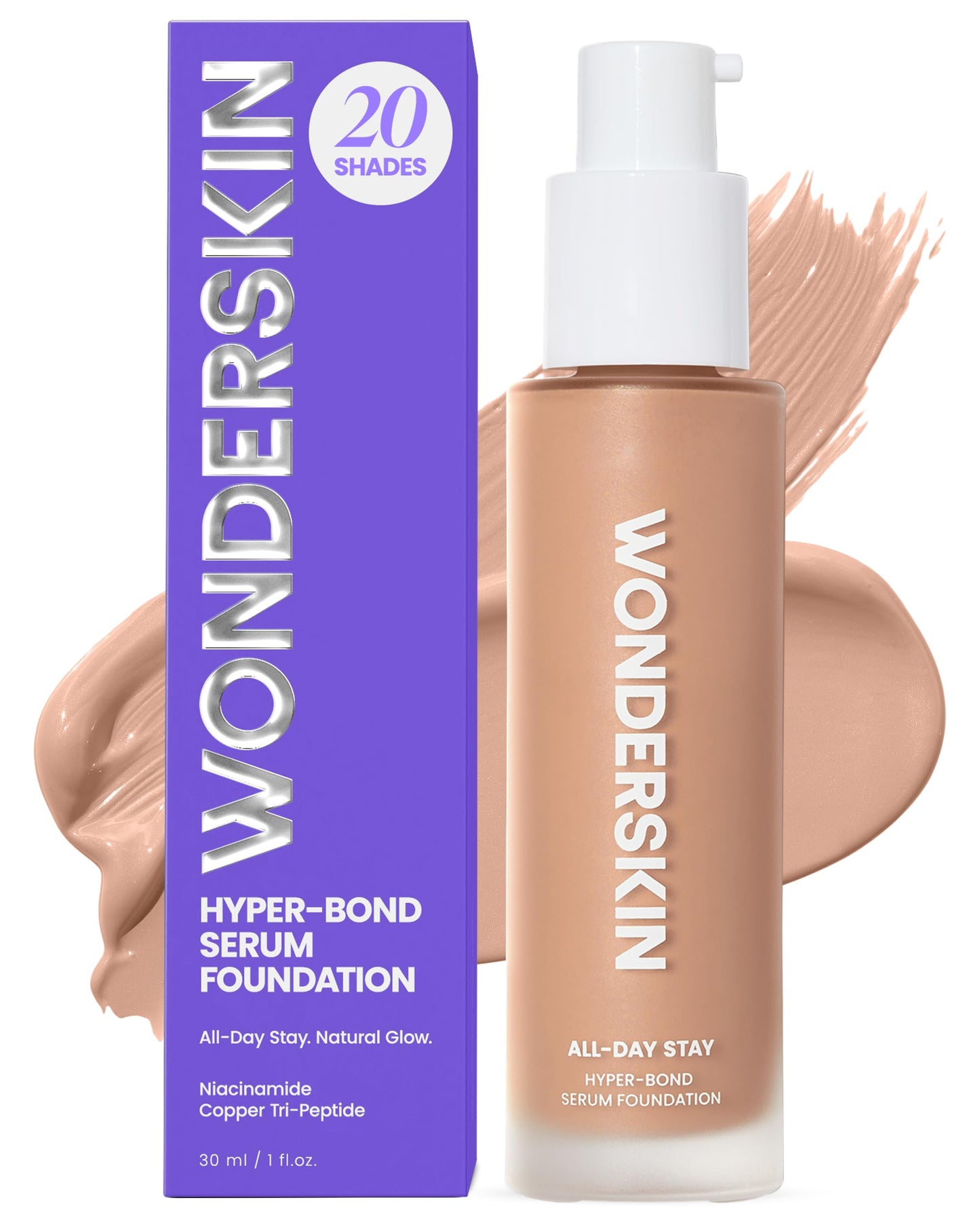 Wonderskin Hyper Bond All-Day Stay Serum Foundation – Waterproof, Transfer-Proof, 24HR Longwear Face Makeup with Niacinamide & Hyaluronic Acid – Lightweight, Natural Finish (Echo)