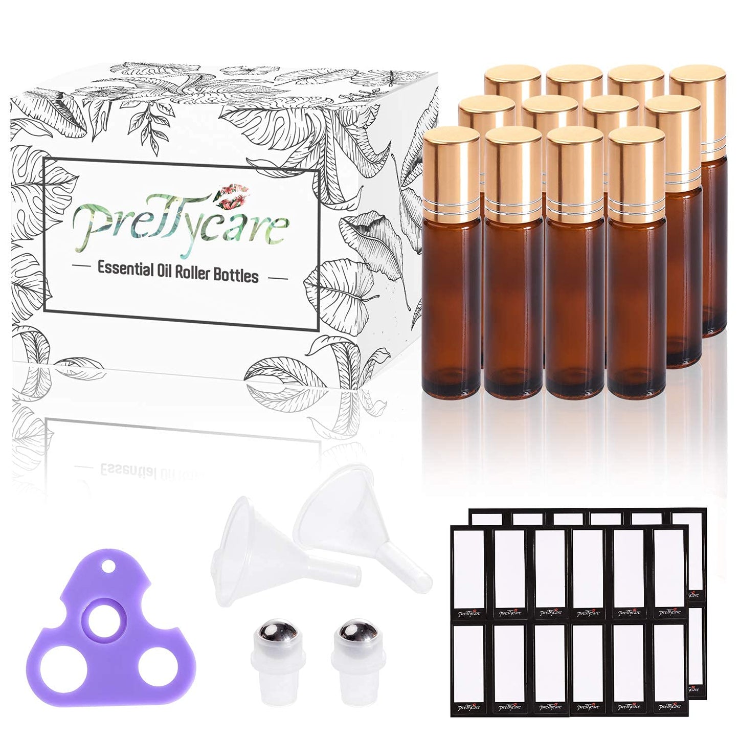 PrettyCare 4 Pack Amber Glass Oil Roller Bottles for Essential Oils 10ml, Roll On Bottles with Stainless Steel Roller Ball Leak-Proof Perfume Travel Refillable Bottle Empty, Beauty & Personal Care