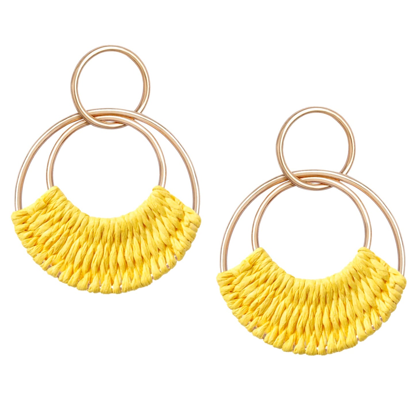 Raffia Hoop Earrings for Women Fun Boho Summer Beach Earrings Lightweight Handmade Straw Wicker Rattan Dangle Earrings Statement Geometric Round Drop Earrings