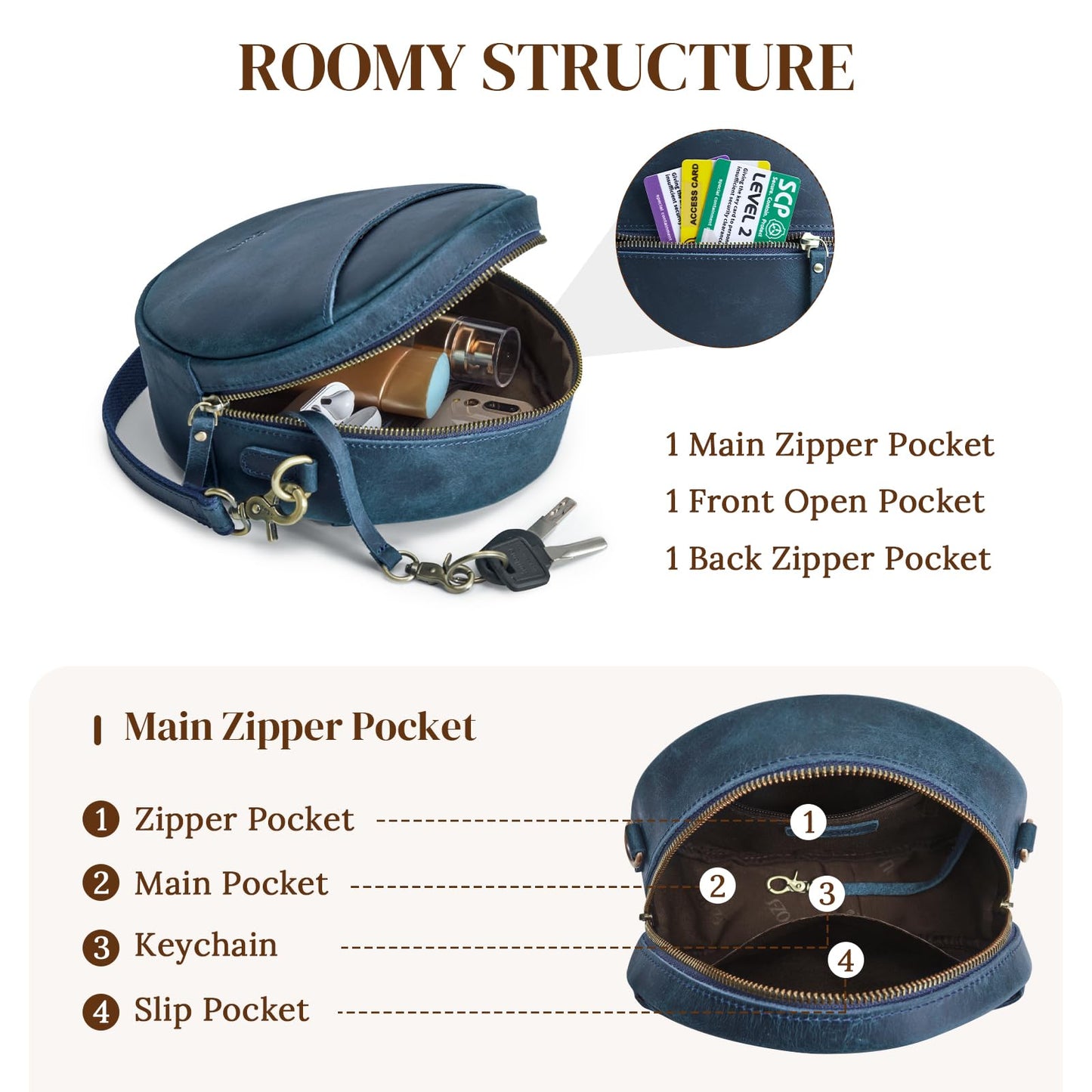 S-ZONE Leather Crossbody Bags for Women Circle Shoulder Round Purse Travel | Top Grain Leather, Keychain, Designer Handbag, Vintage, Multi Pockets, Detachable Strap, Eveyday Outing