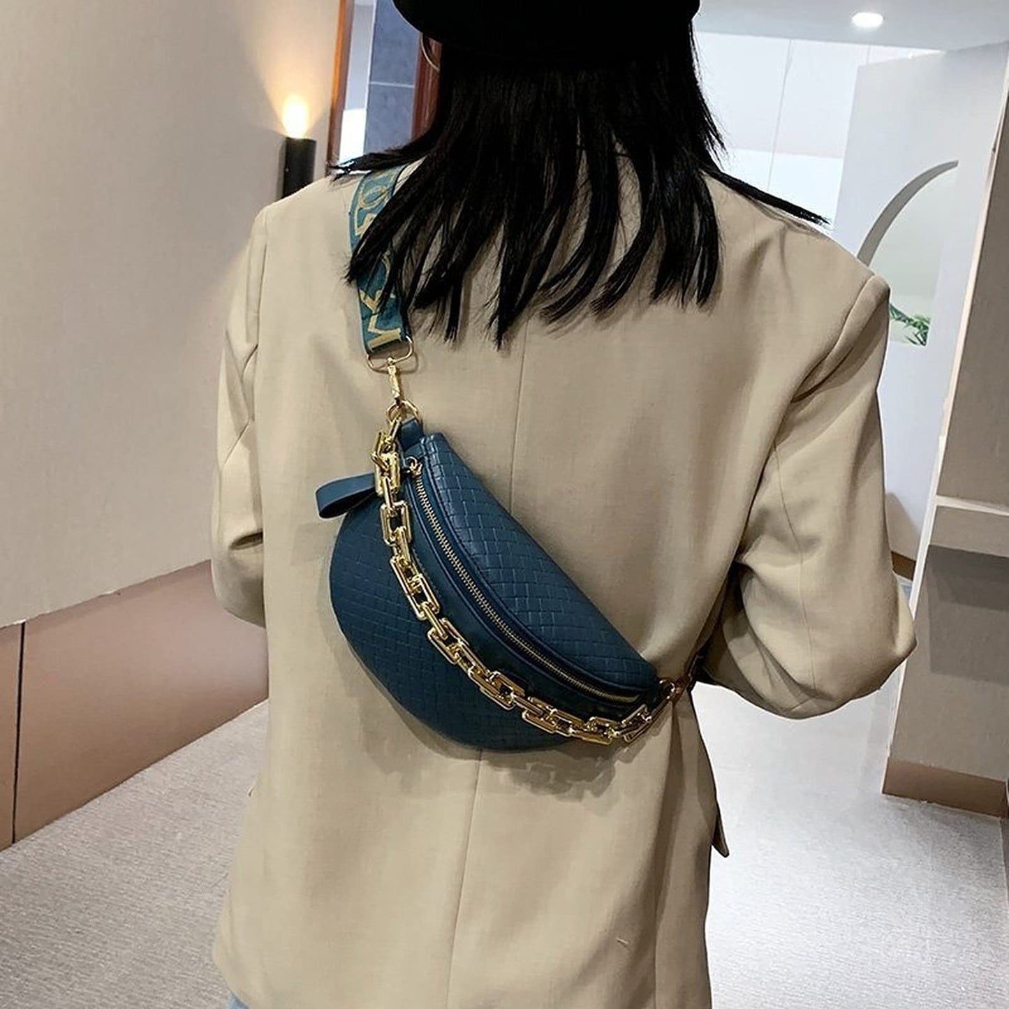Thick Chain Women's Fanny Pack Plaid leather Waist Bag Shoulder Crossbody Chest Bags Luxury Designer Handbags Female Belt Bag
