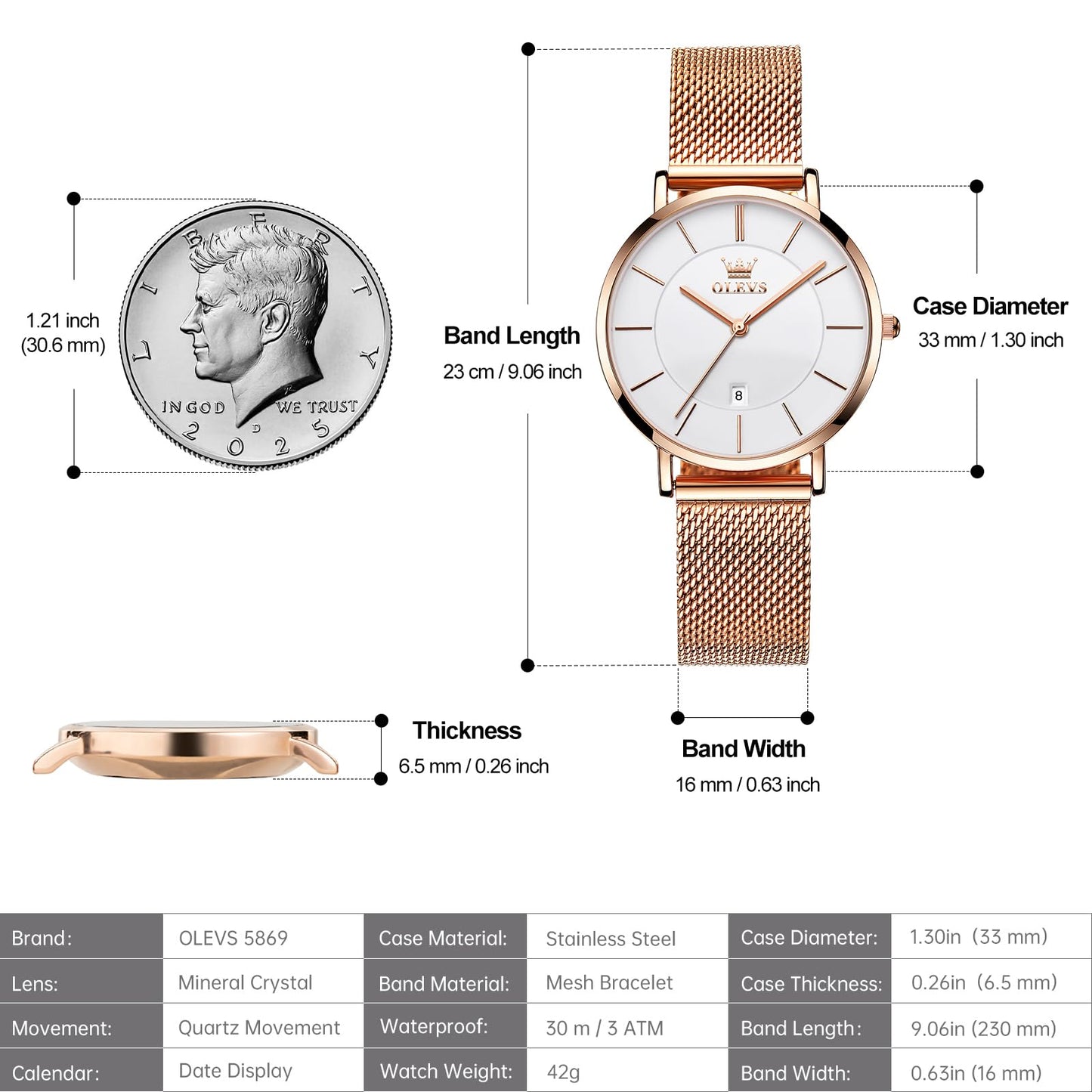 OLEVS Women's Mesh Bracelet Watch, Elegant Large Face Three Hand Analog Quartz Womens Wristwatch, Pretty Slim Date Display Waterproof Ladies Watches for Small Wrists