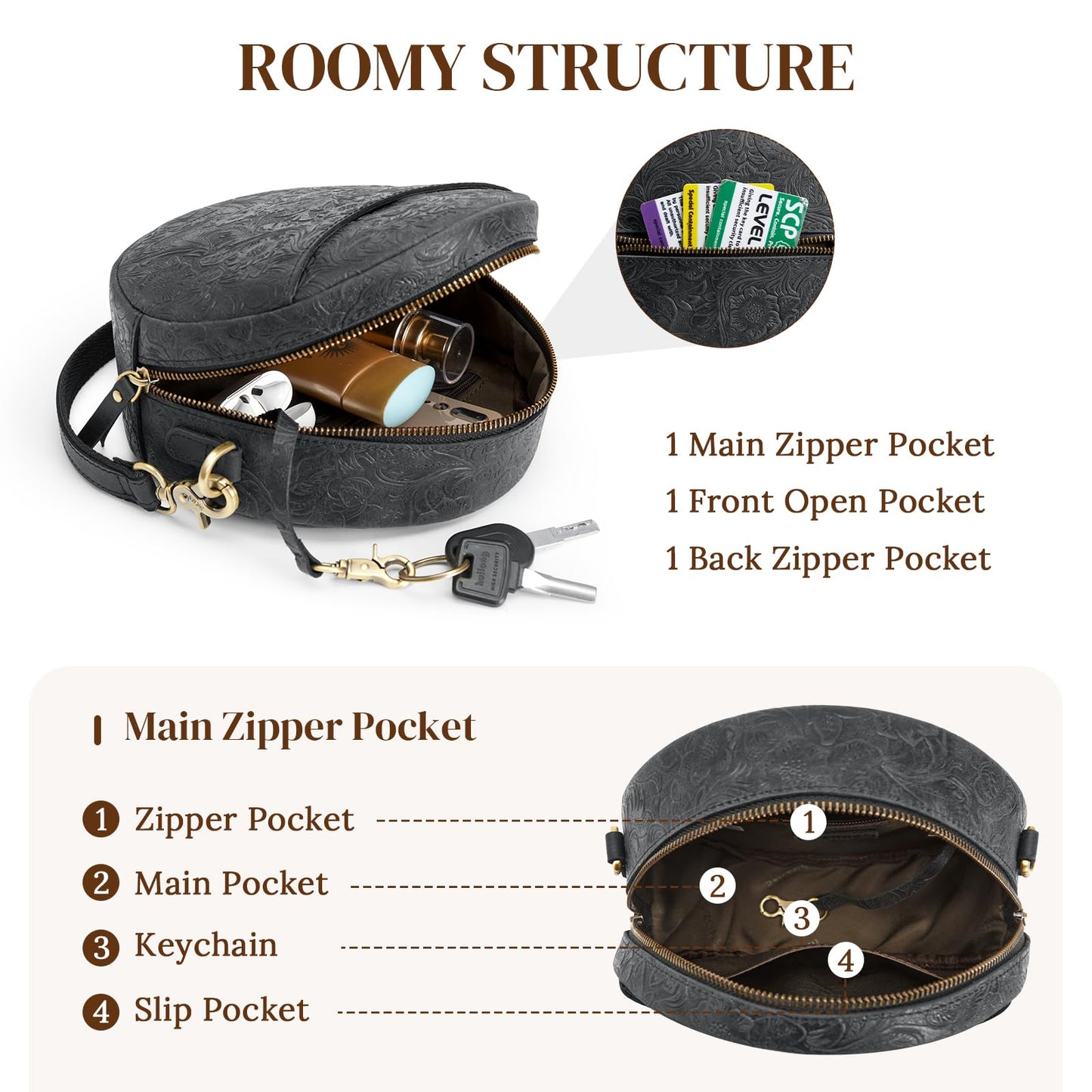S-ZONE Leather Crossbody Bags for Women Circle Shoulder Round Purse Travel | Top Grain Leather, Keychain, Designer Handbag, Vintage, Multi Pockets, Detachable Strap, Eveyday Outing