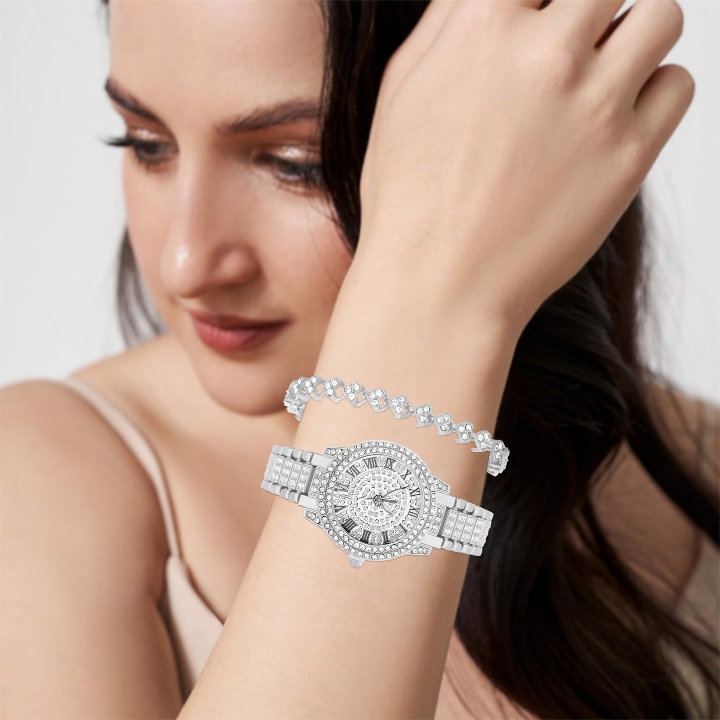 NEWITIN 2 Pieces Women Diamond Watch Bracelet Set Luxury Fashion Jewelry Cubic Zirconia Wristwatch Bracelet Gold Watch Jewelry Set for Women