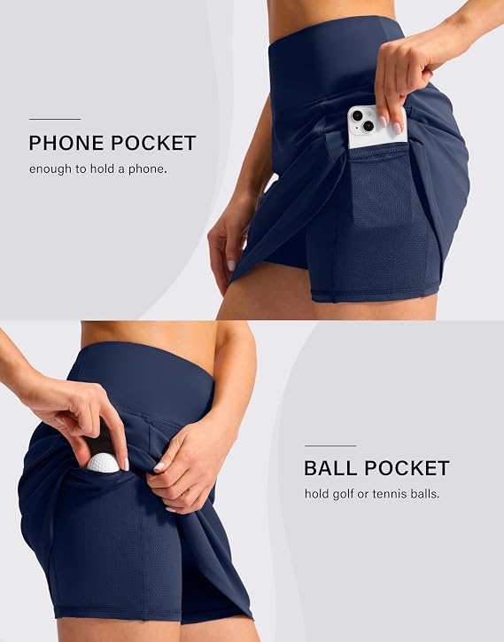 SANTINY 16'' Skorts for Woman with 4 Side Pockets High Waisted Stretch Pickleball Athletic Skirts Casual Tennis Golf Skirts (Navy_M) (Clearance)