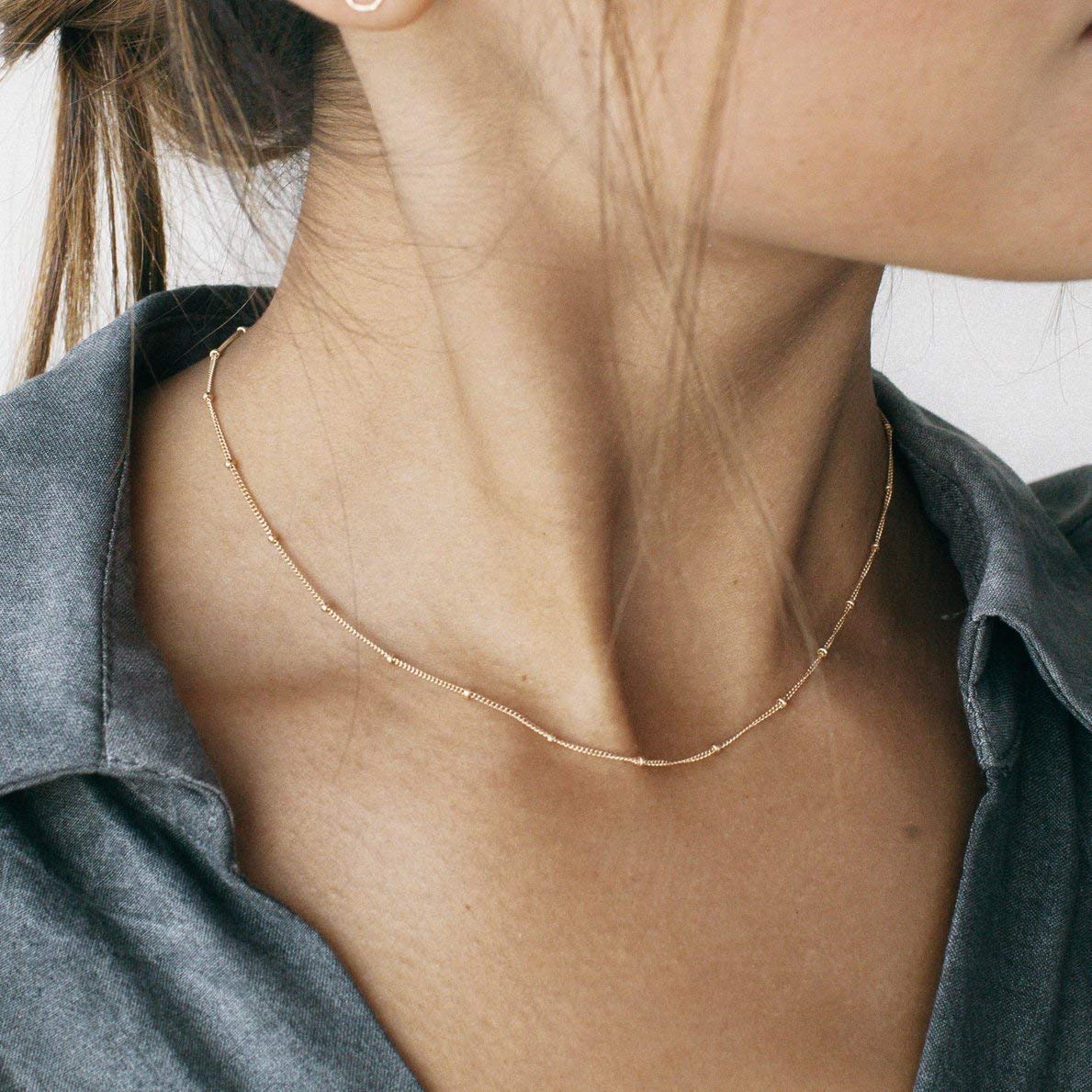 Aobei Pearl 18K Gold Plated Paperclip Chain Choker Satellite Chain Freshwater Cultured Biwa Pearl Pendant Necklace Dainty Turquoise Jewelry for Women