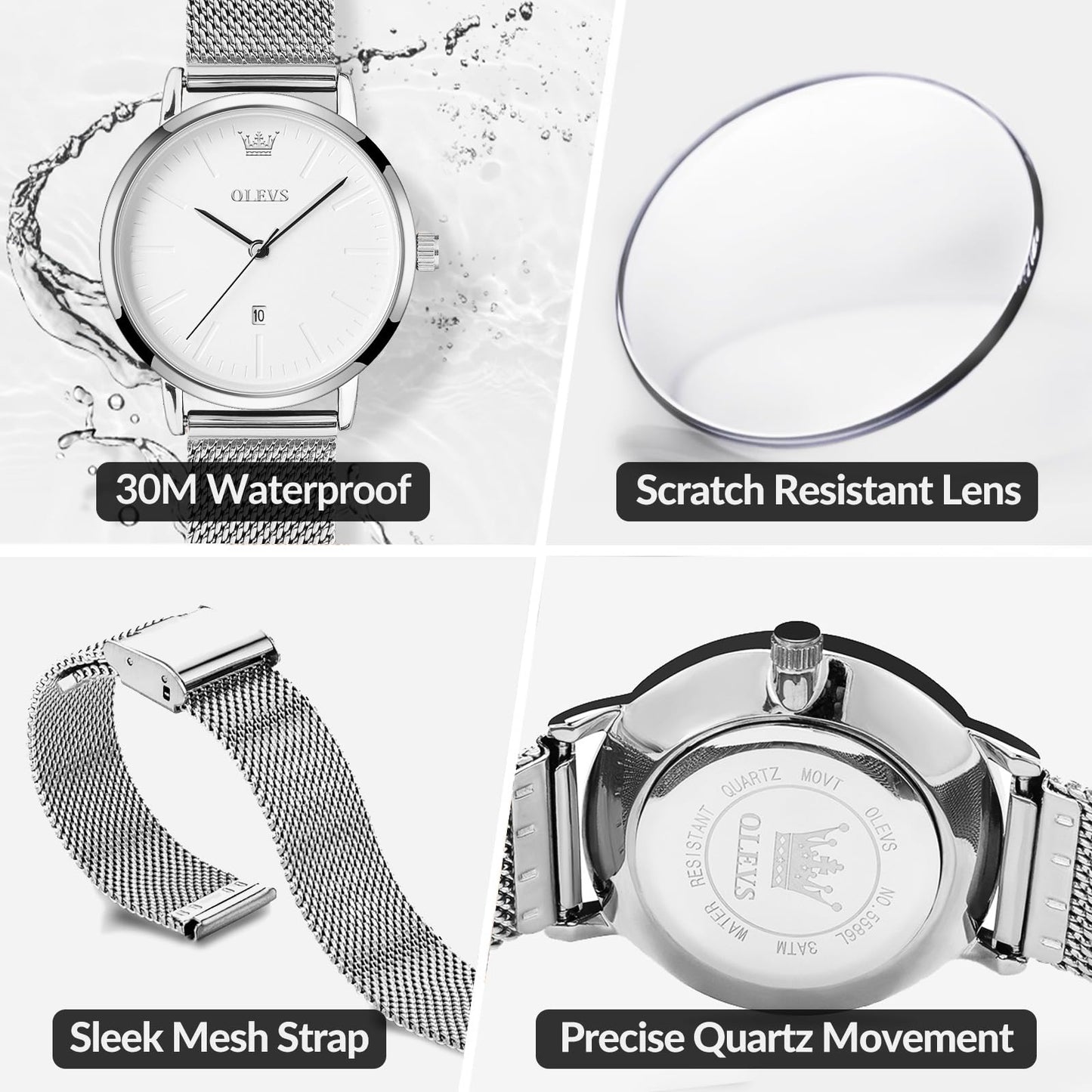 OLEVS Women's Mesh Bracelet Watch, Elegant Large Face Three Hand Analog Quartz Womens Wristwatch, Pretty Slim Date Display Waterproof Ladies Watches for Small Wrists