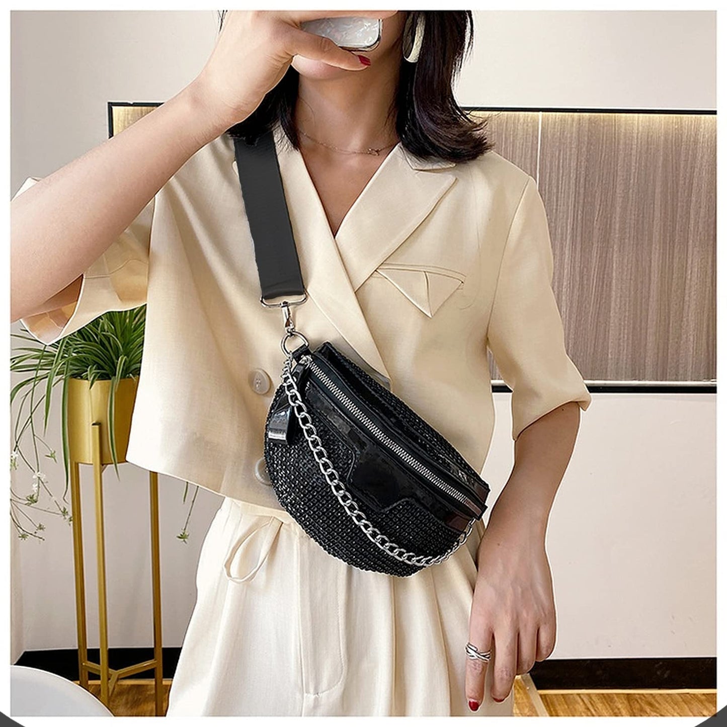 Thick Chain Women's Fanny Pack Plaid leather Waist Bag Shoulder Crossbody Chest Bags Luxury Designer Handbags Female Belt Bag