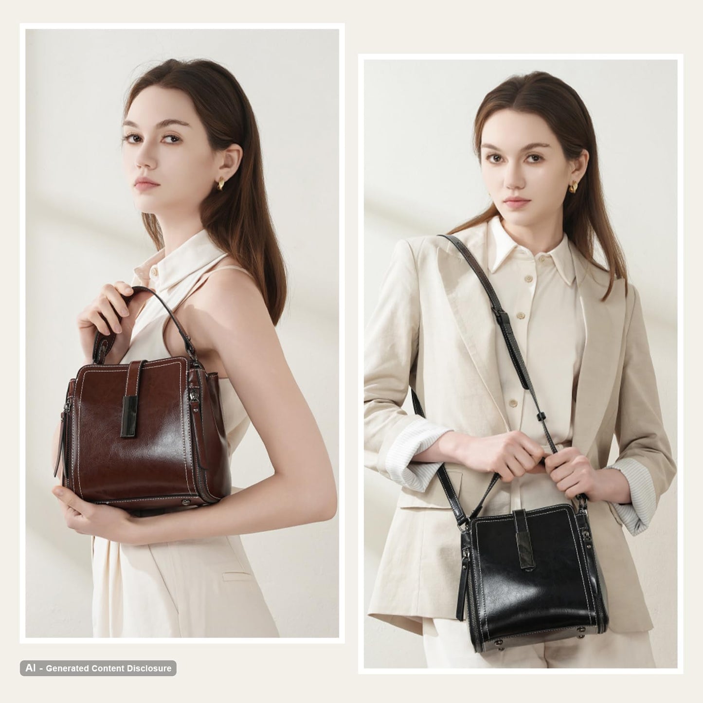 Genuine Leather Bucket Crossbody Shoulder Purse for Women | Scratch-Resistant Cowhide, 5 Pockets, Magnetic Snap, Silver Hardware, 3-Way Carry, Lightweight, Ideal Gift