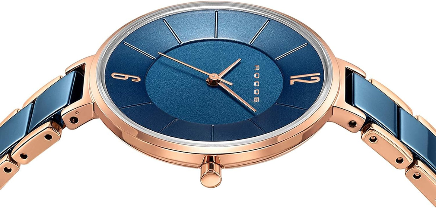 ROCOSJEWE Women’s Ceramic Quartz Analog Watch, Blue Dial with Rose Gold Accent, Ultra-Thin Design, Butterfly Clasp, 30M Waterproof Watches for Women