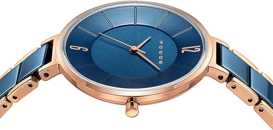ROCOSJEWE Women’s Ceramic Quartz Analog Watch, Blue Dial with Rose Gold Accent, Ultra-Thin Design, Butterfly Clasp, 30M Waterproof Watches for Women