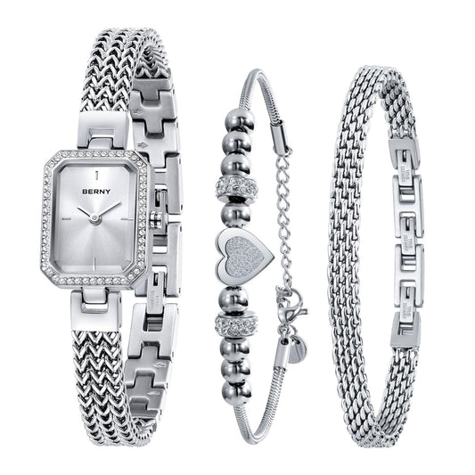 BERNY Silver Watches for Women Ladies Wrist Watch and Bracelet Set Dainty Quartz Bracelet Watch Premium Crystal Accented Fashion Luxury Birthday Present for Women