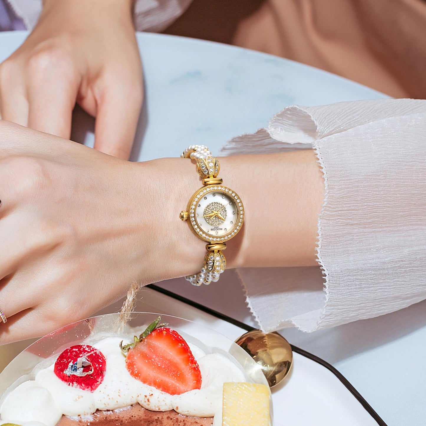 ROCOSJEWE R0262 Bracelet Watches for Women,Fashion Gold Dress Watch,Women's Pearl Bracelet Watch,Dazzling/Pink Dial,Adjustable Stainless Strap,Waterproof,Gift for Women