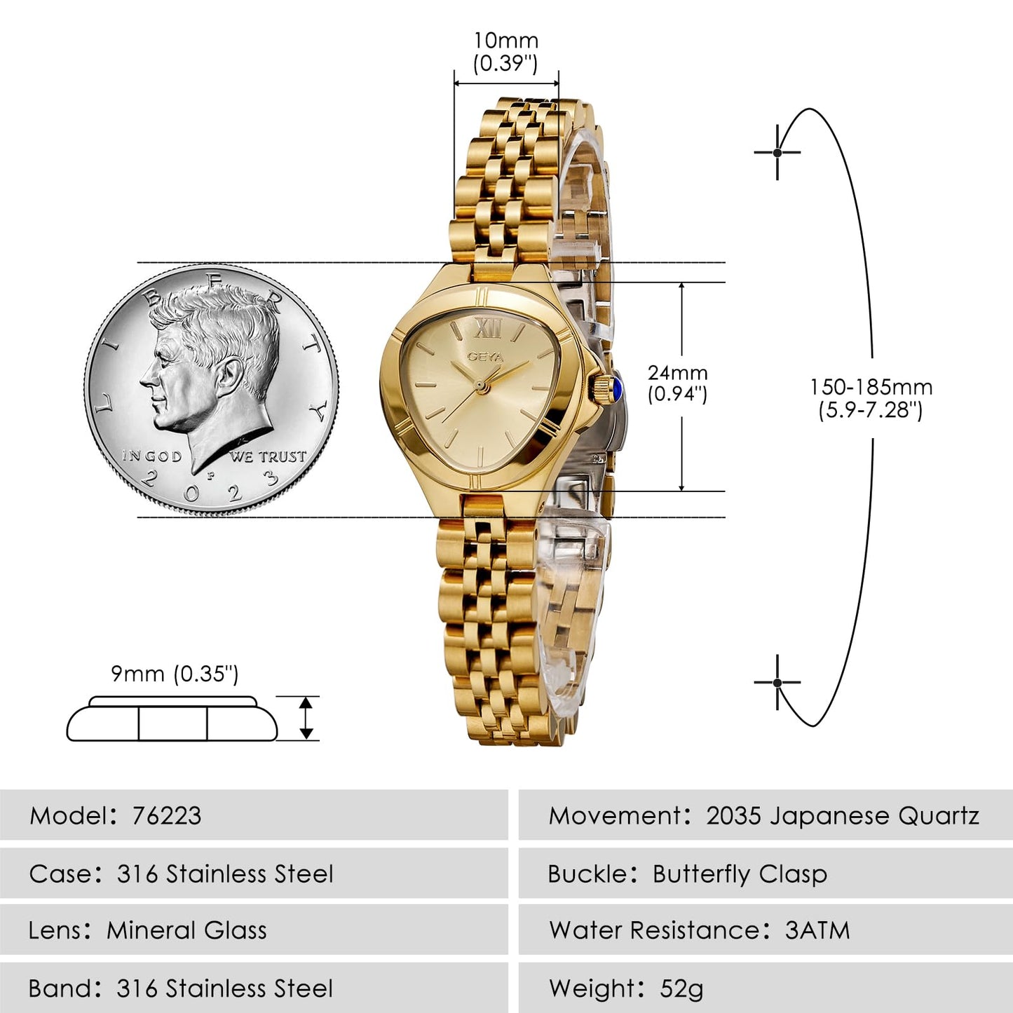 GeYa Vintage Gold Watches for Women Dainty Ladies Quartz Wristwatch,316L Stainless Steel Bracelet for Small Wrist,3ATM Waterproof,Triangle Shape,Birthday Gifts,with Tools,24.5mm