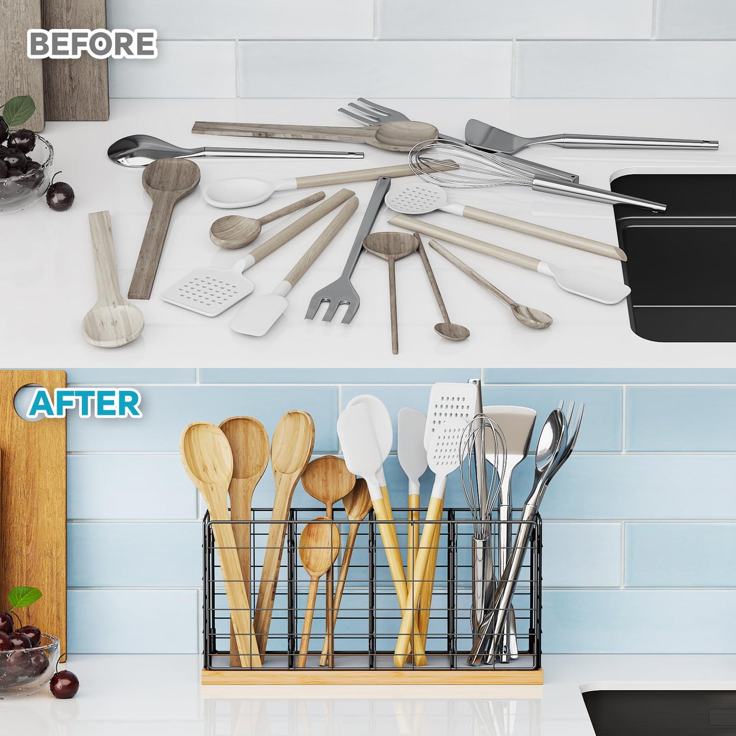 Metal Kitchen Utensil Holder with 4 Adjustable Compartments & Fast-Drying Base