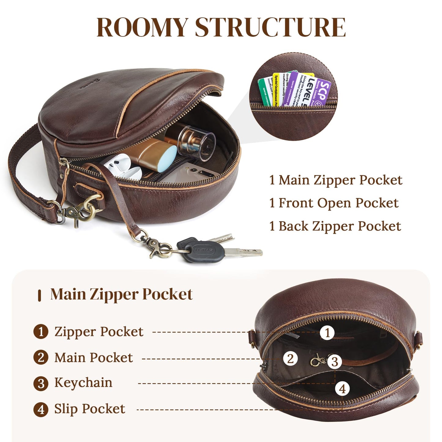 S-ZONE Leather Crossbody Bags for Women Circle Shoulder Round Purse Travel | Top Grain Leather, Keychain, Designer Handbag, Vintage, Multi Pockets, Detachable Strap, Eveyday Outing
