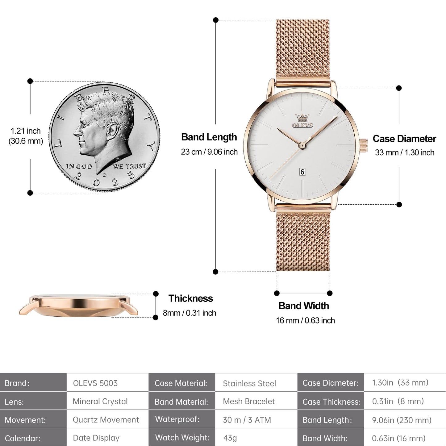 OLEVS Women's Mesh Bracelet Watch, Elegant Large Face Three Hand Analog Quartz Womens Wristwatch, Pretty Slim Date Display Waterproof Ladies Watches for Small Wrists