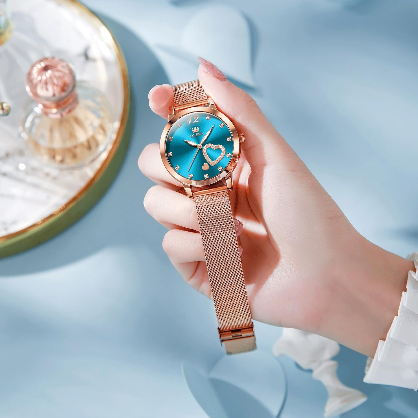 OLEVS Women's Small Wrist Rose Gold Tone Watch - Cute Diamond Heart Arabic Numerals Dial, Fashion Waterproof Mesh Bracelet Analog Dress for Ladies