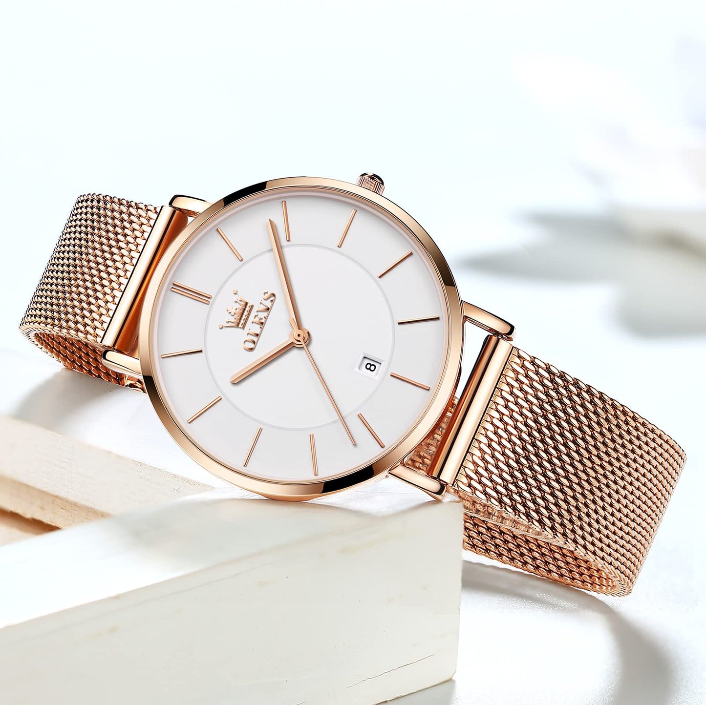 OLEVS Women's Mesh Bracelet Watch, Elegant Large Face Three Hand Analog Quartz Womens Wristwatch, Pretty Slim Date Display Waterproof Ladies Watches for Small Wrists