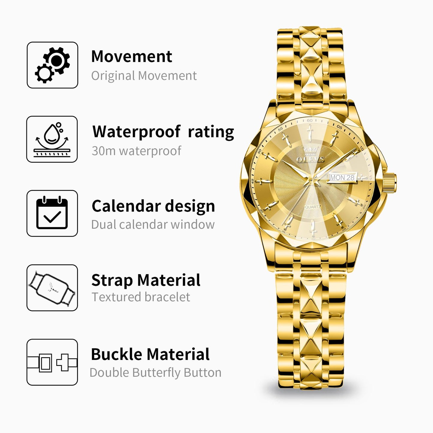 OLEVS Women's Luxury Elegant Watch, Fashion Waterproof Ladies Dress Watch, Stainless Steel Gold Silver Watches for Women, Small Wrist with Day Date, Ideal for Gift Daily Wear