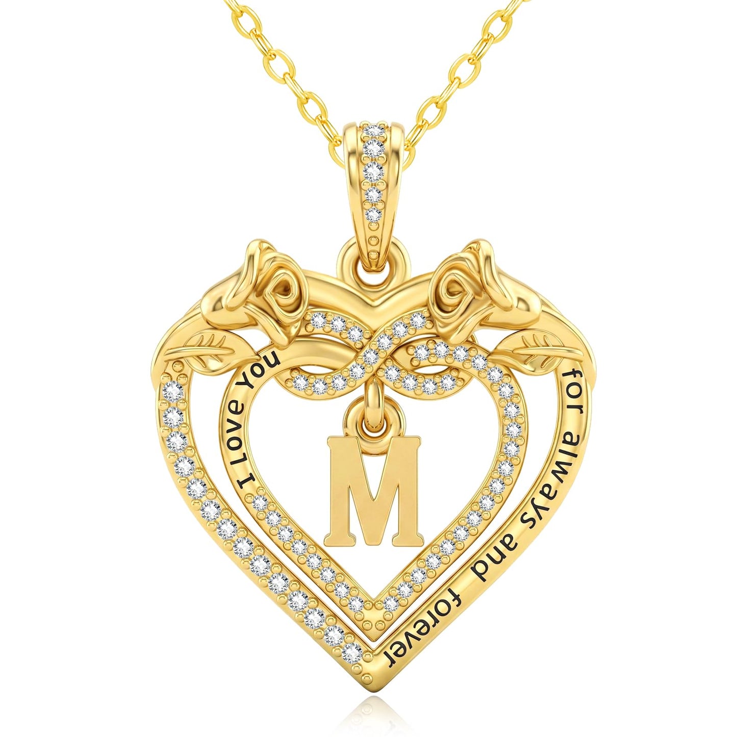 Uncle LOL Jewelry — 14K Gold Initial Letter Rose Heart Pendant Necklace for Women, Anniversary Birthday Jewelry Gifts for Wife Mom Grandma Sister Daughter, I Love You for Always And Forever