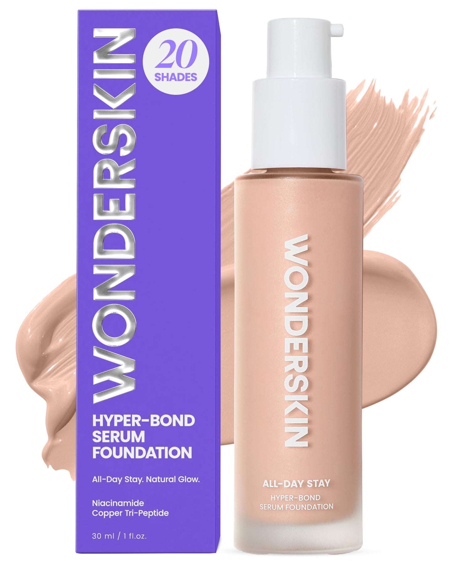 Wonderskin Hyper Bond All-Day Stay Serum Foundation – Waterproof, Transfer-Proof, 24HR Longwear Face Makeup with Niacinamide & Hyaluronic Acid – Lightweight, Natural Finish (Echo)