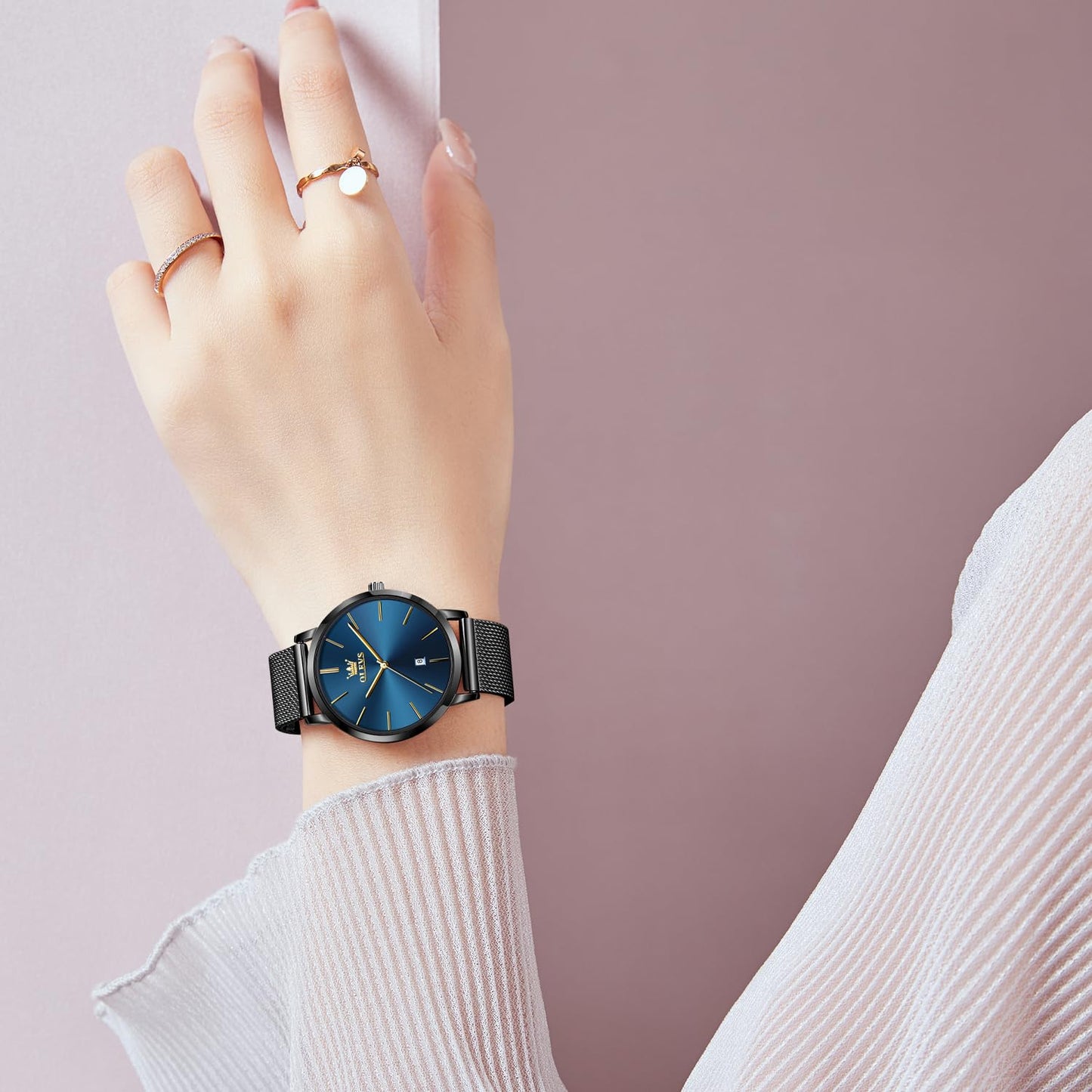 OLEVS Women's Watch Luxury Dress Rose Gold Women Slim Thin Lightweight Watch Stainless Steel Mesh Watches Fashion Waterproof Ladies Wrist Watch Black White Blue Face,Adjustable Bracelet