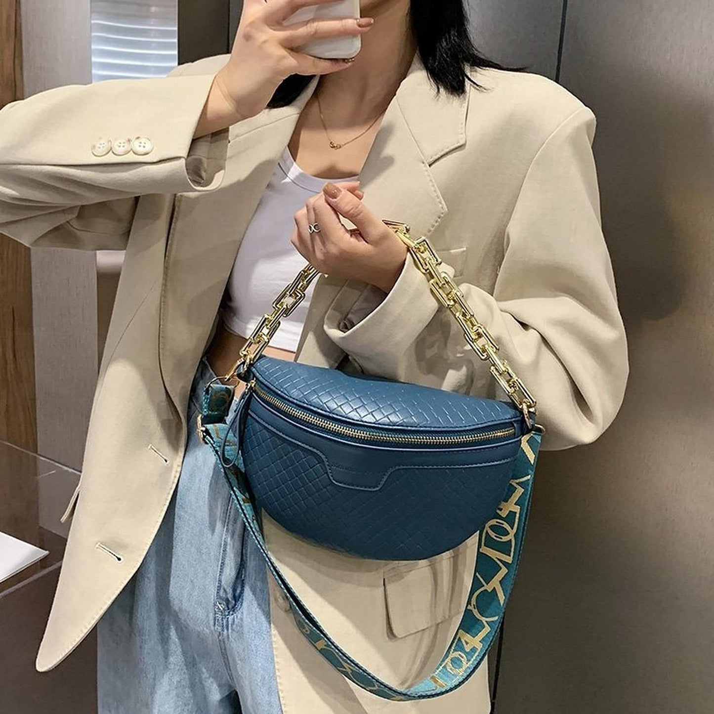 Thick Chain Women's Fanny Pack Plaid leather Waist Bag Shoulder Crossbody Chest Bags Luxury Designer Handbags Female Belt Bag