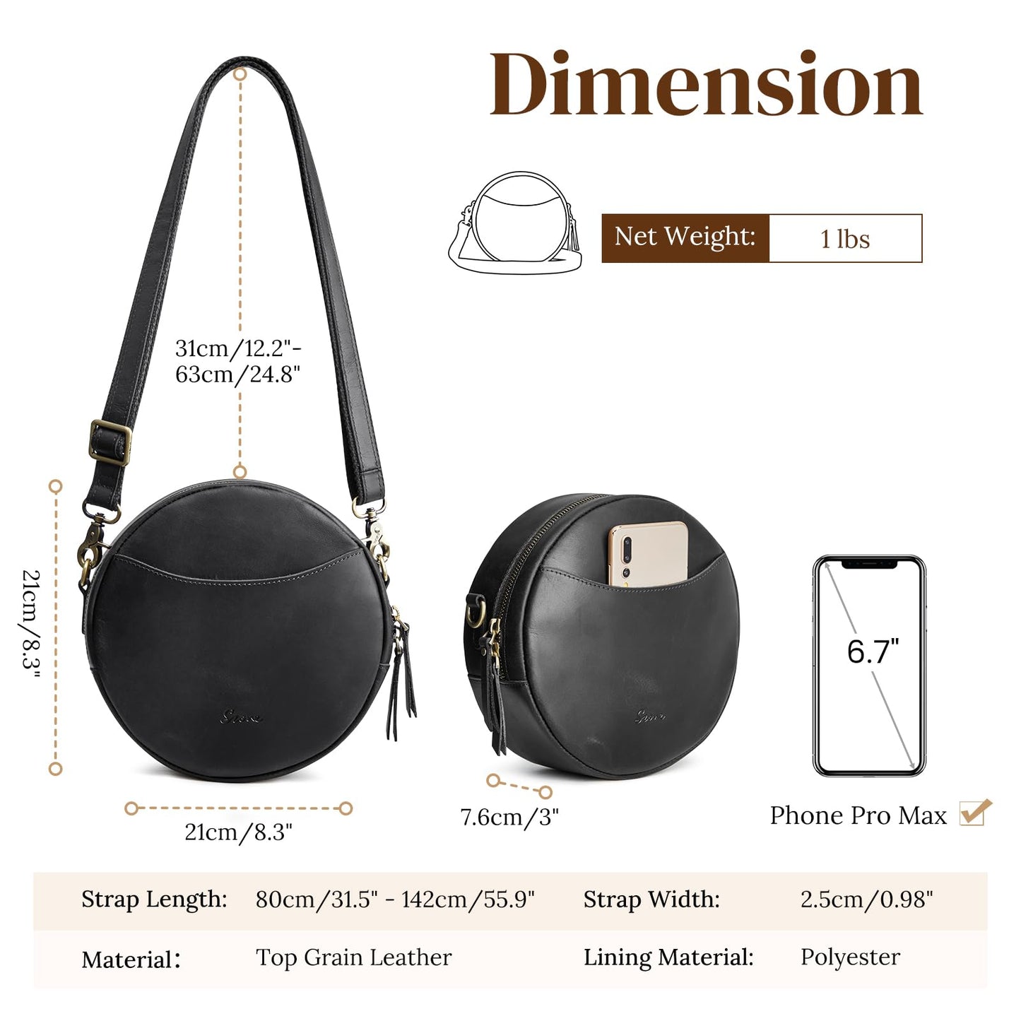 S-ZONE Leather Crossbody Bags for Women Circle Shoulder Round Purse Travel | Top Grain Leather, Keychain, Designer Handbag, Vintage, Multi Pockets, Detachable Strap, Eveyday Outing