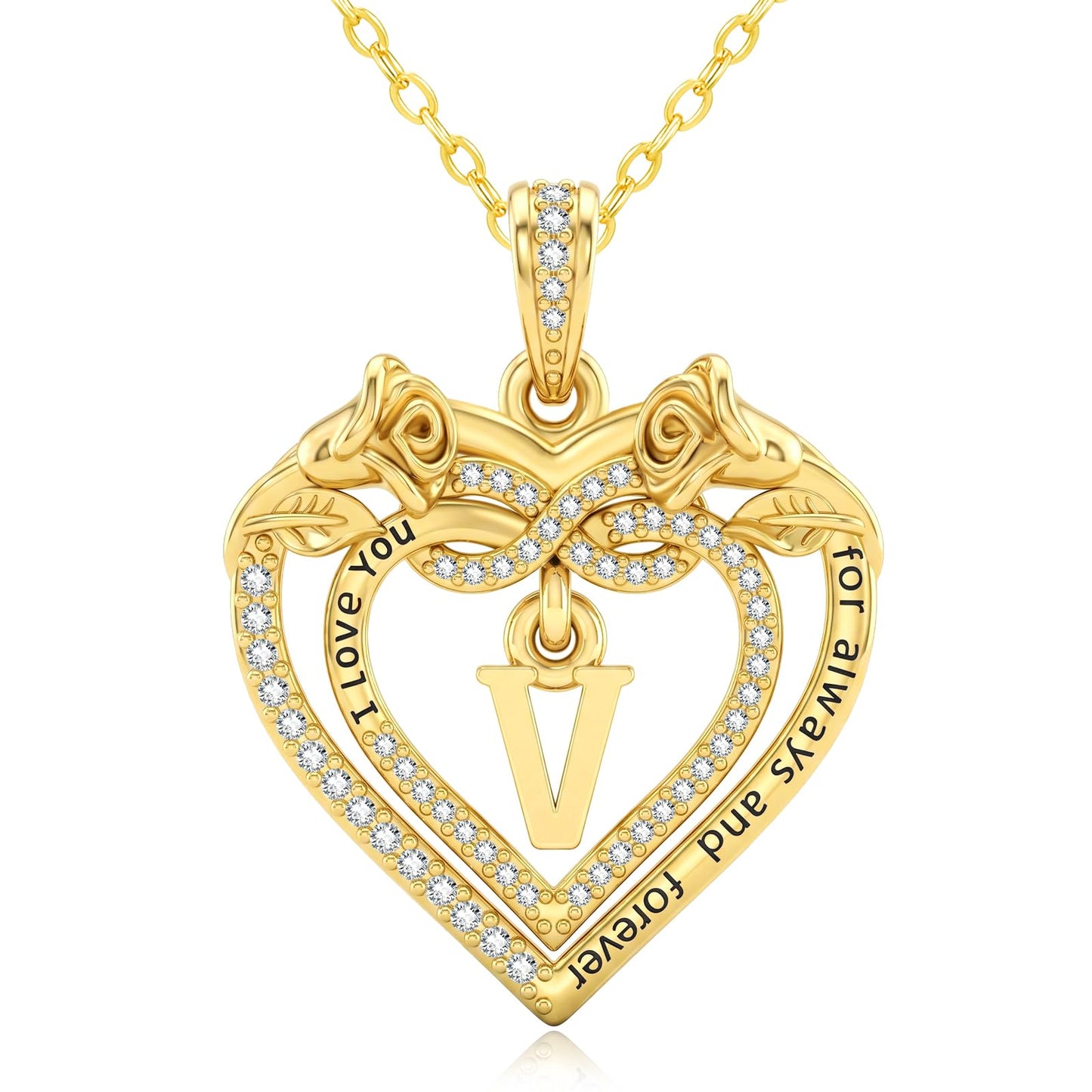 Uncle LOL Jewelry — 14K Gold Initial Letter Rose Heart Pendant Necklace for Women, Anniversary Birthday Jewelry Gifts for Wife Mom Grandma Sister Daughter, I Love You for Always And Forever