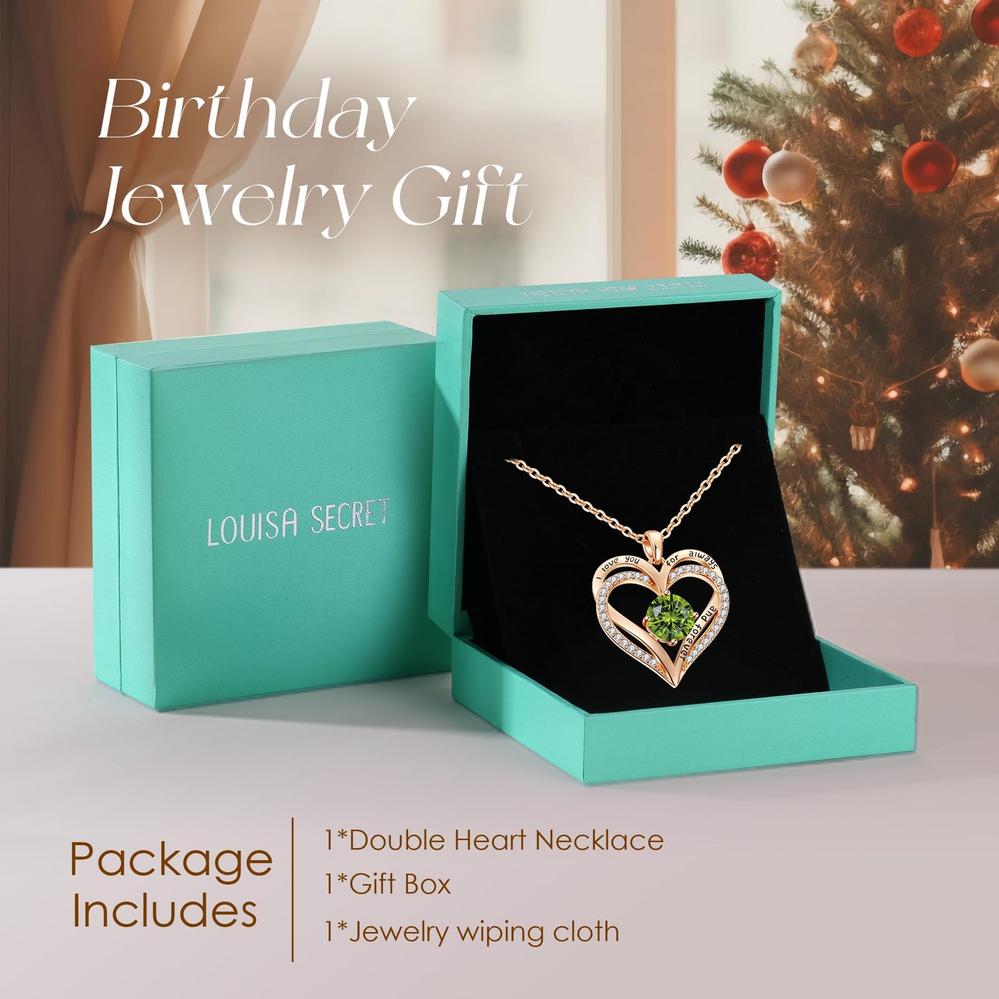 LOUISA SECRET Double Love Heart Birthstone Necklaces for Women, Birthday Gift for Girlfriend, Anniversary Jewelry Gift for Her, 925 Sterling Silver Jewelry Christmas Anniversary Birthday Present Gifts for Wife Girlfriend Mom Grandma Daughter