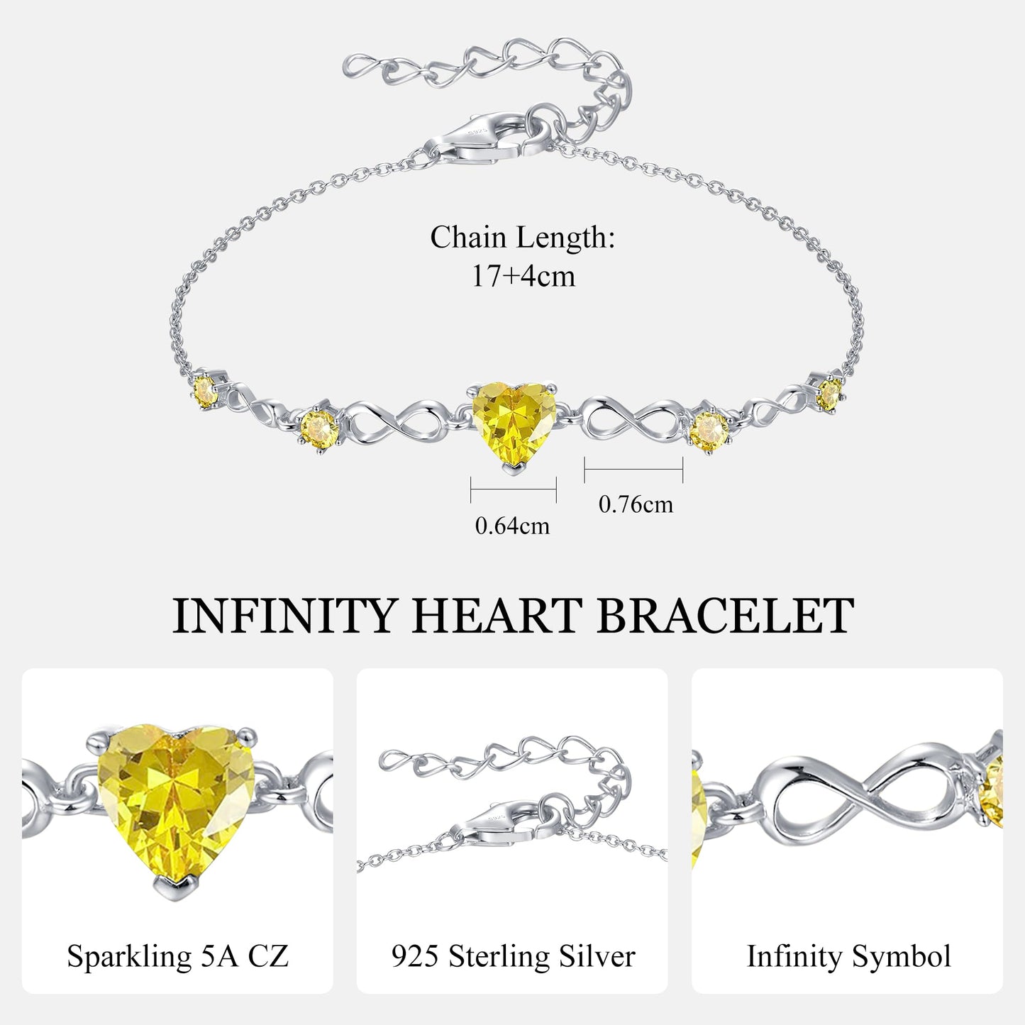 G&GEMSJEW Infinity Heart Birthstone Bracelets for Women, 925 Sterling Silver Women Charm Link Bracelet Adjustable, Birthday Anniversary Christmas Jewelry Gifts for Women Wife Mom Girlfriend Her