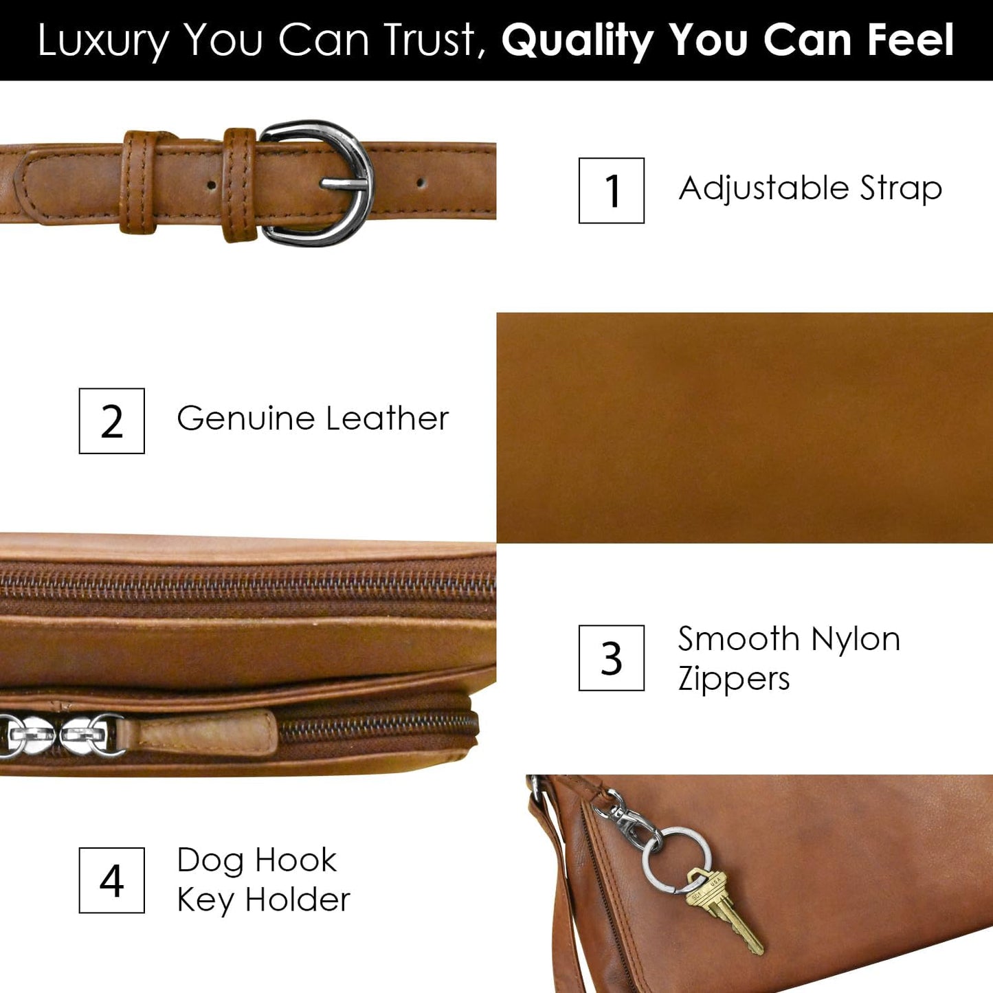 ili New York Genuine Leather Crossbody Bags with RFID Protection & Adjustable Straps - Antique Saddle & Black
