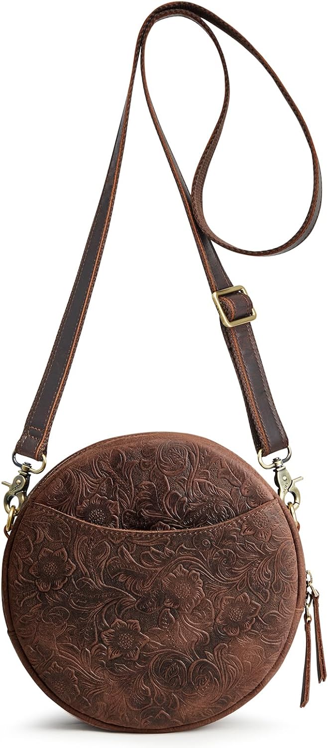 S-ZONE Leather Crossbody Bags for Women Circle Shoulder Round Purse Travel | Top Grain Leather, Keychain, Designer Handbag, Vintage, Multi Pockets, Detachable Strap, Eveyday Outing