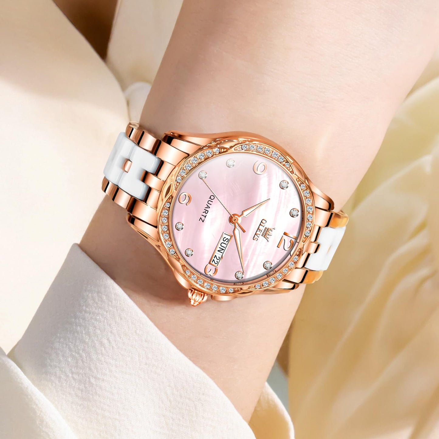 OLEVS Women's Watch Ceramic Band Waterproof Dress Watch Analog Quartz Watches Elegant Luxury Comfortable Wrist Watches with Date Day & Diamond White/Pink/Black Dial Gift for Her Reloj para Mujer
