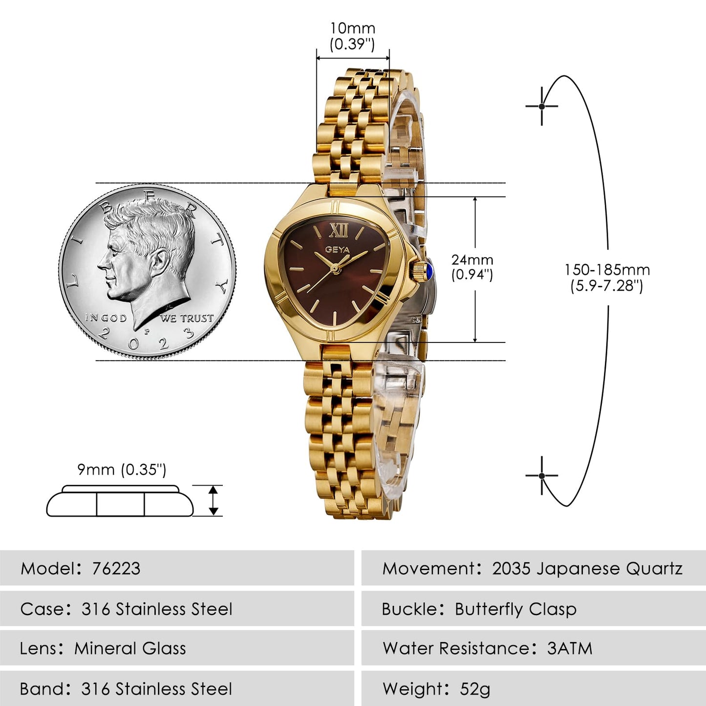 GeYa Vintage Gold Watches for Women Dainty Ladies Quartz Wristwatch,316L Stainless Steel Bracelet for Small Wrist,3ATM Waterproof,Triangle Shape,Birthday Gifts,with Tools,24.5mm