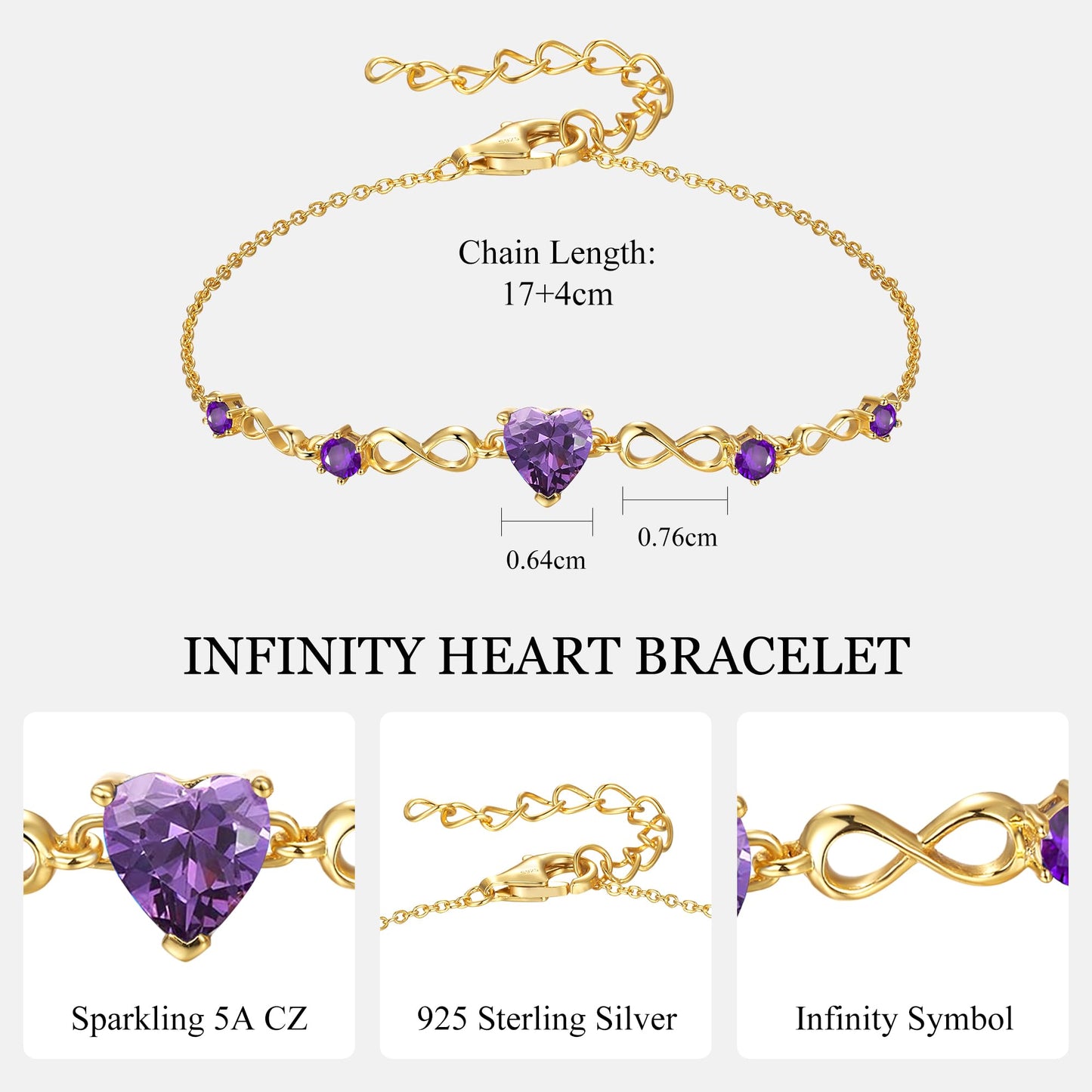 G&GEMSJEW Infinity Heart Birthstone Bracelets for Women, 925 Sterling Silver Women Charm Link Bracelet Adjustable, Birthday Anniversary Christmas Jewelry Gifts for Women Wife Mom Girlfriend Her