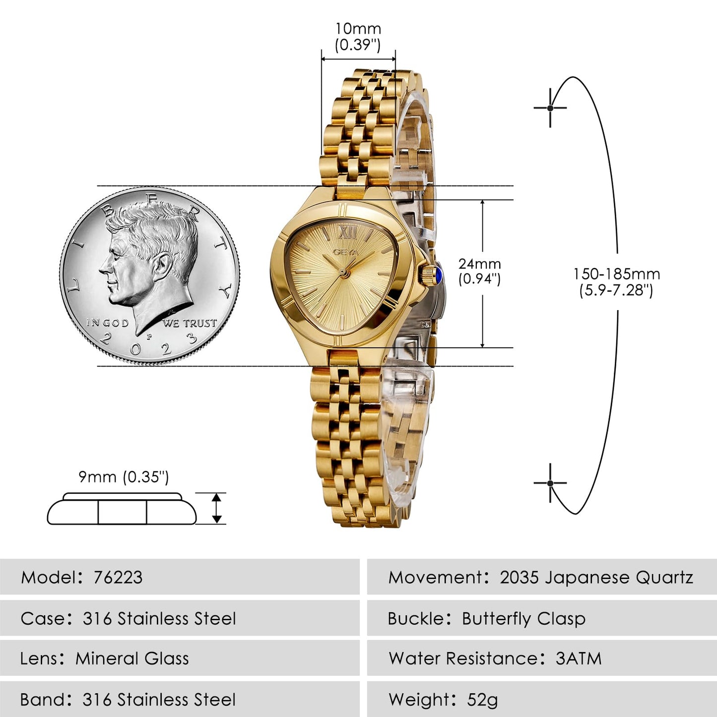 GeYa Vintage Gold Watches for Women Dainty Ladies Quartz Wristwatch,316L Stainless Steel Bracelet for Small Wrist,3ATM Waterproof,Triangle Shape,Birthday Gifts,with Tools,24.5mm