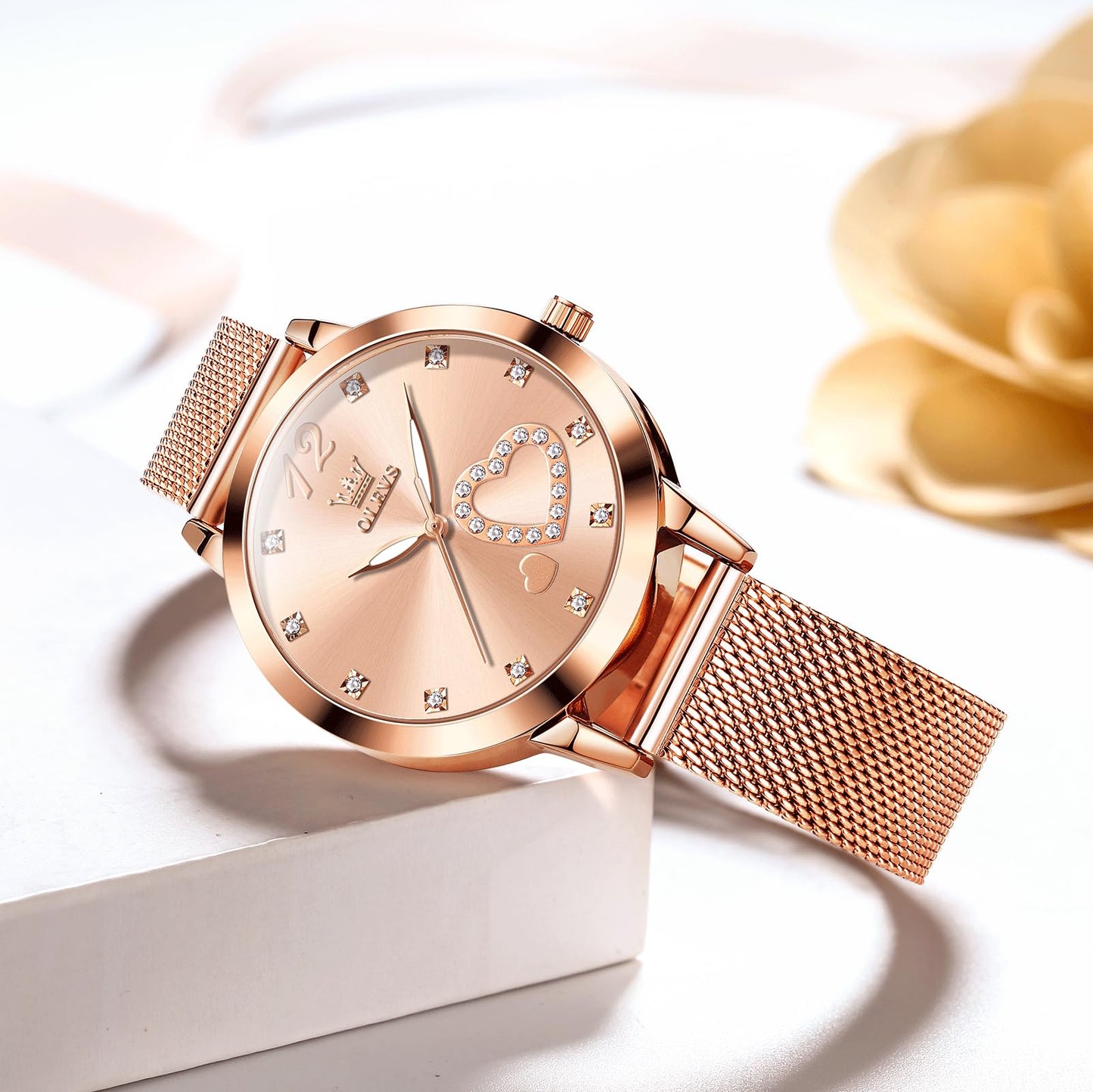 OLEVS Women's Small Wrist Rose Gold Tone Watch - Cute Diamond Heart Arabic Numerals Dial, Fashion Waterproof Mesh Bracelet Analog Dress for Ladies